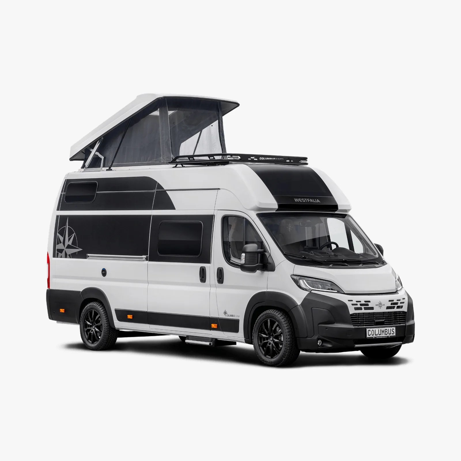 White and black Westfalia Columbus camper van with pop-up roof tent extended.