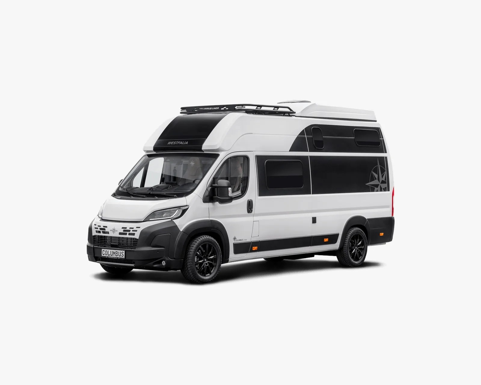 White and black Westfalia Columbus camper van with roof rack and tinted windows on a white background.