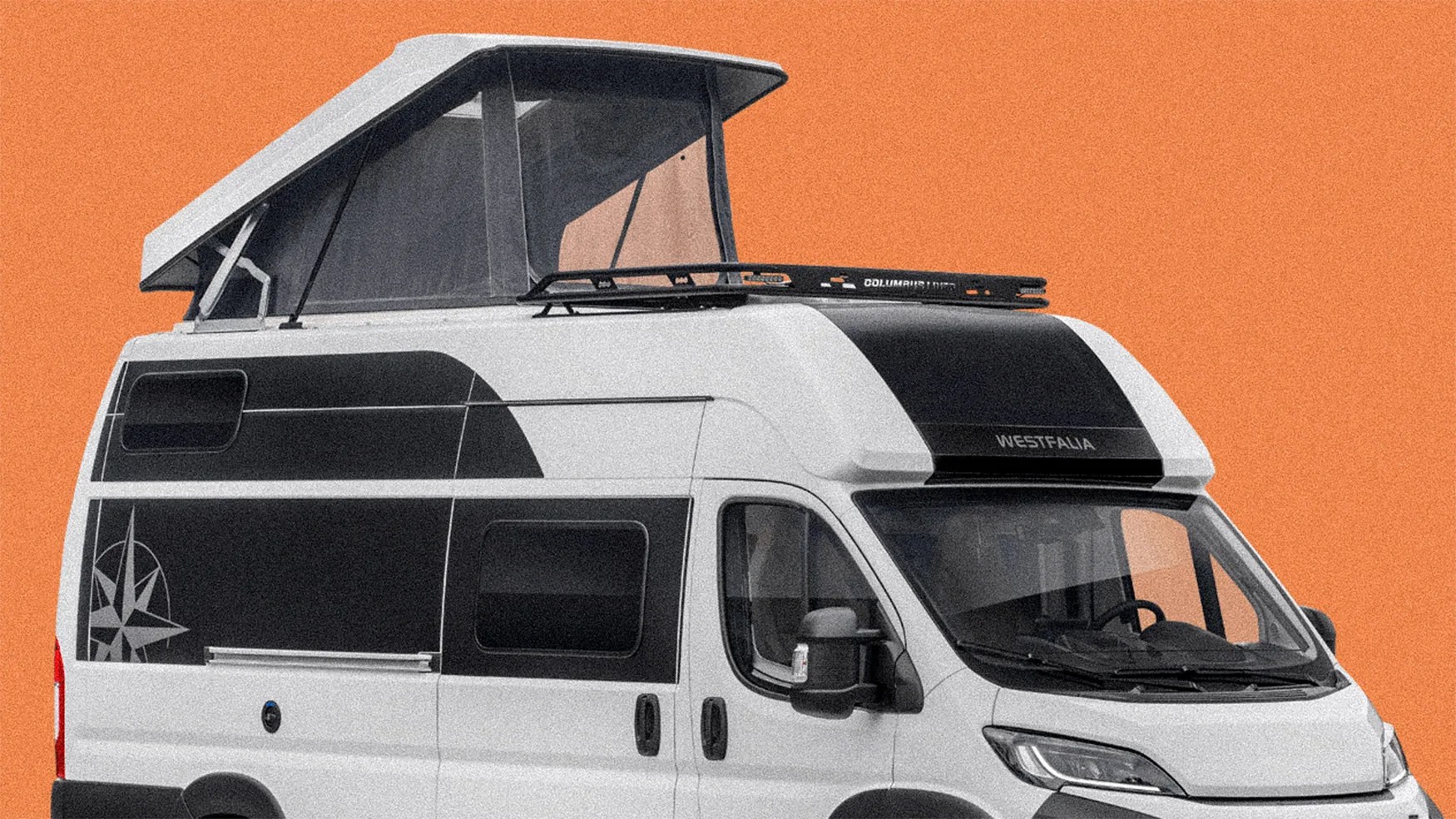 White camper van with black accents and a raised pop-up roof against an orange background.
