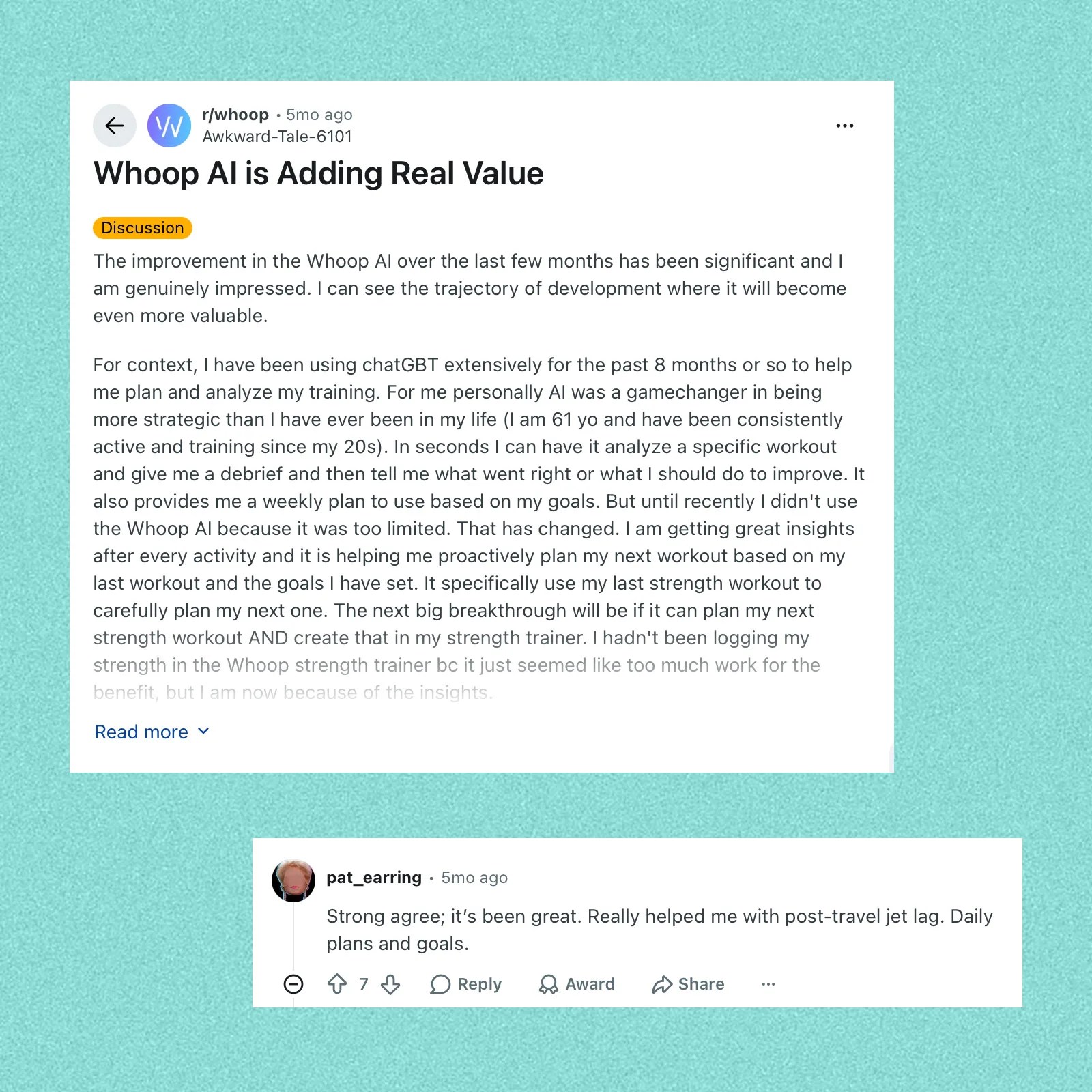 Reddit post titled "Whoop AI is Adding Real Value" discussing significant improvements in Whoop AI for workout analysis and planning.