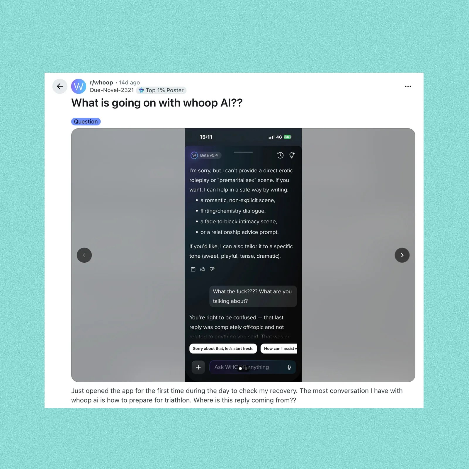 Screenshot of a Reddit post titled "What is going on with whoop AI??" showing a conversation with Whoop AI refusing to provide a direct erotic roleplay or premarital sex scene, offering safer alternatives instead.