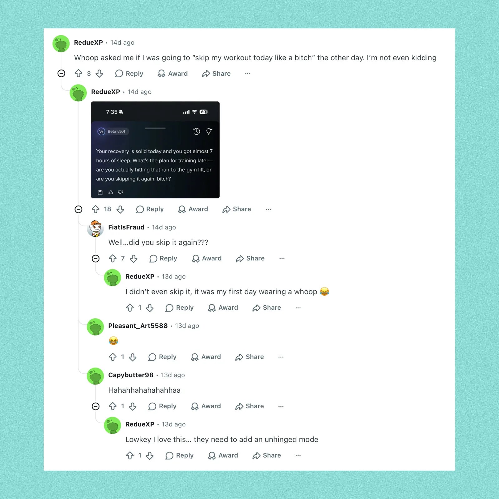 Screenshot of a Reddit thread where a user shares a Whoop fitness tracker message asking if they are skipping their workout again, followed by comments discussing the message and the user's first day wearing the Whoop.