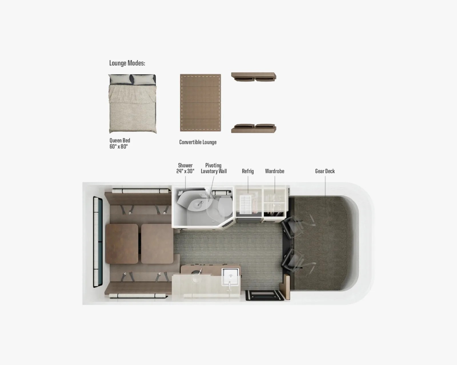 Top-down floor plan of a compact living space with convertible lounge, queen bed, shower, lavatory, refrigerator, wardrobe, and gear deck.