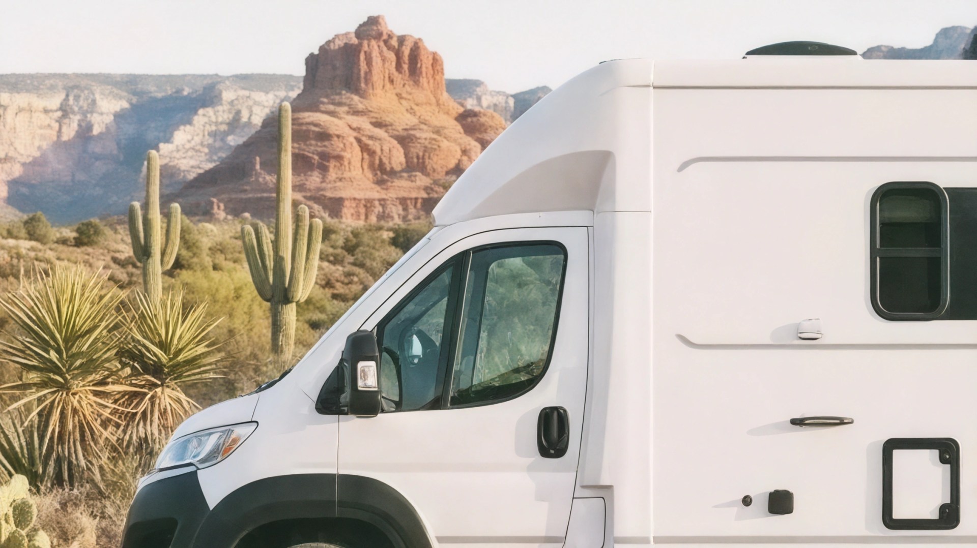 White camper van parked in a desert landscape with tall cacti and rocky red mountains in the background.