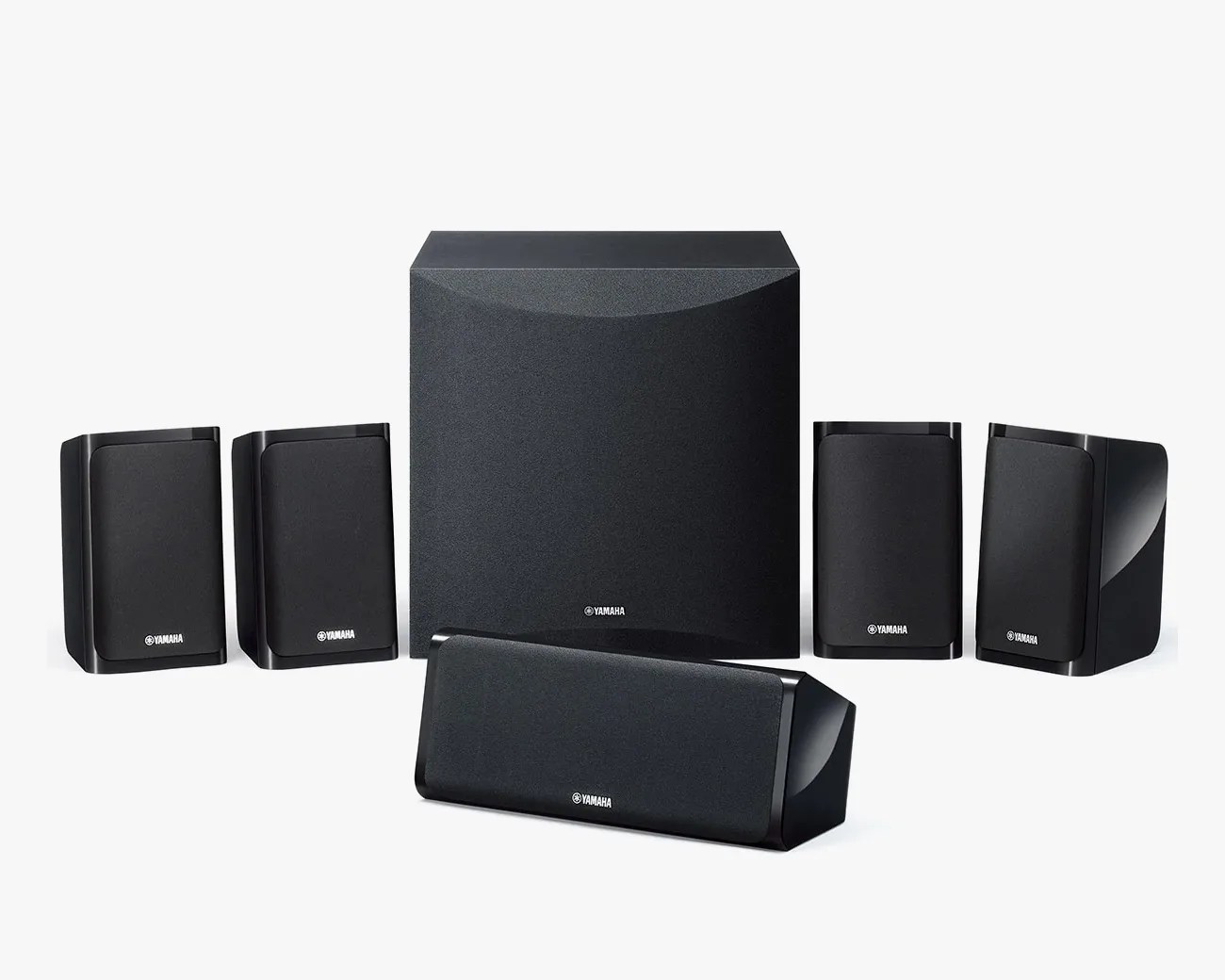 Black Yamaha 5.1 surround sound speaker system with five satellite speakers and one subwoofer.