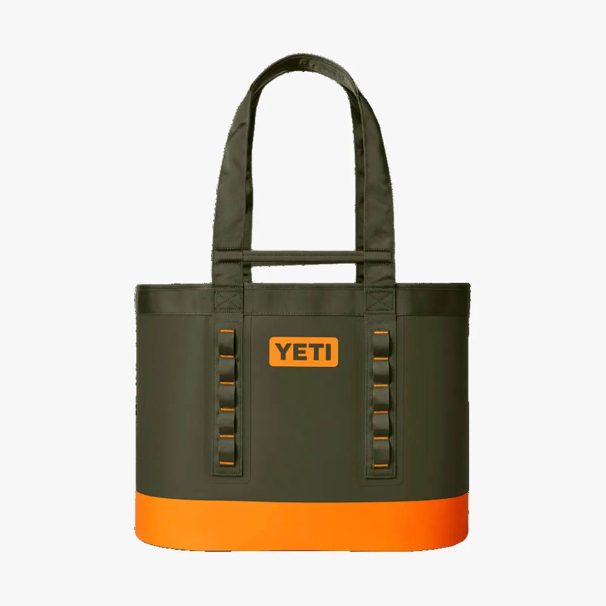 Olive green and bright orange YETI tote bag with dual handles and logo on front.