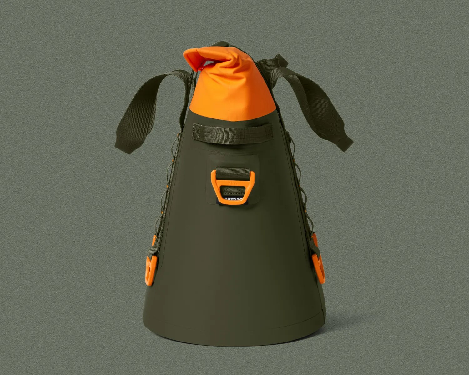 Olive green and orange roll-top backpack with adjustable straps and orange buckles.
