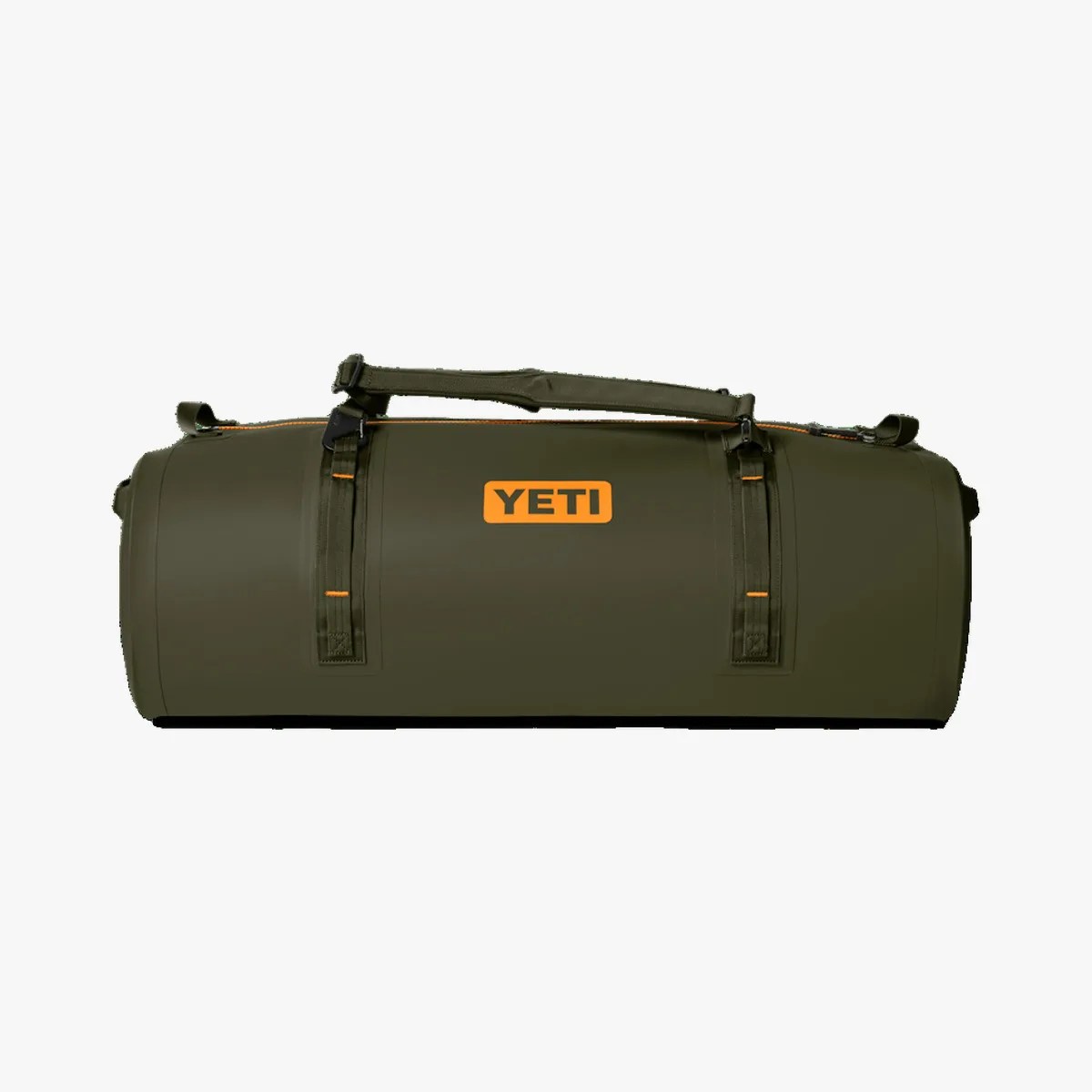 Olive green YETI duffel bag with orange logo and padded handle on a white background.