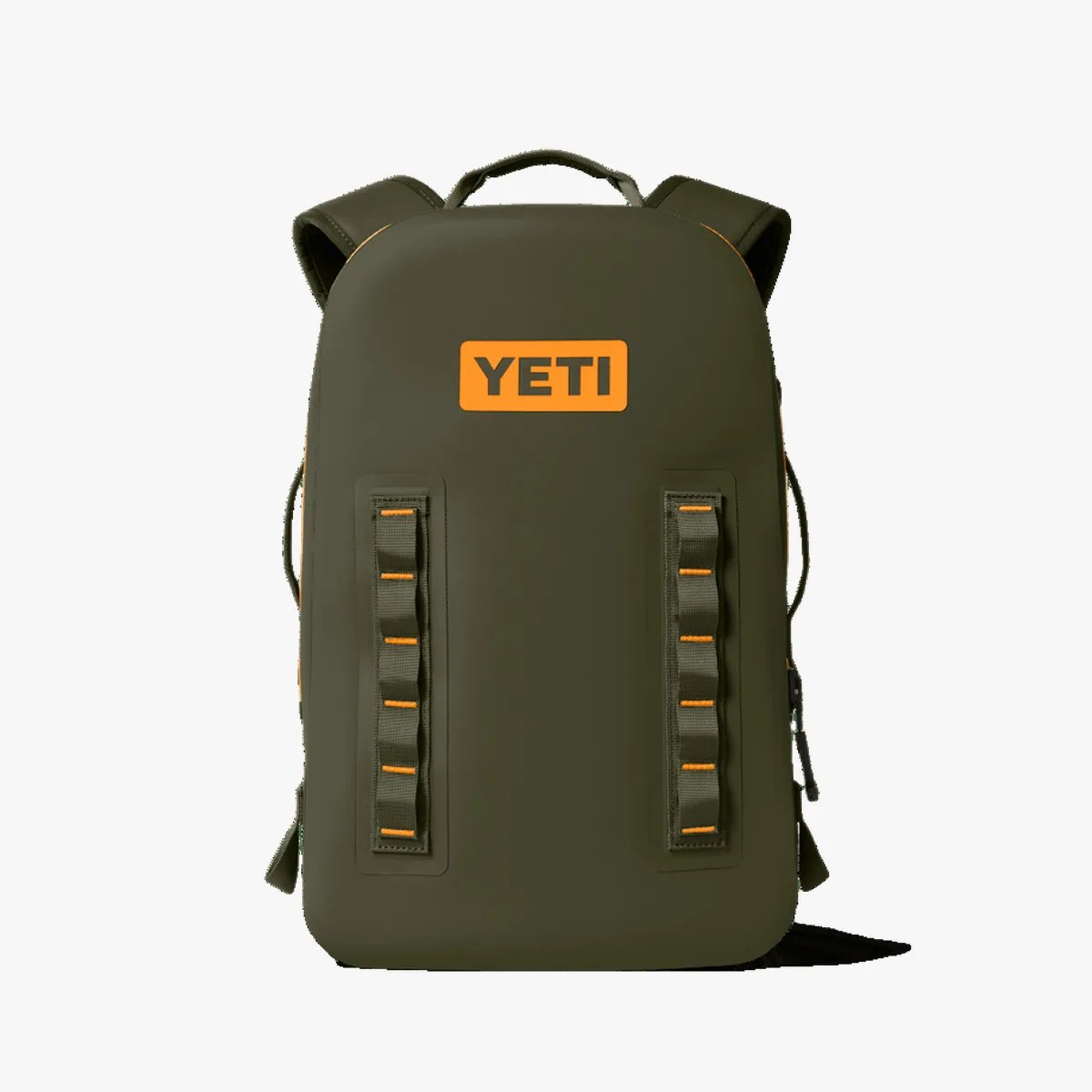Olive green YETI backpack with orange logo and dual vertical straps on front.
