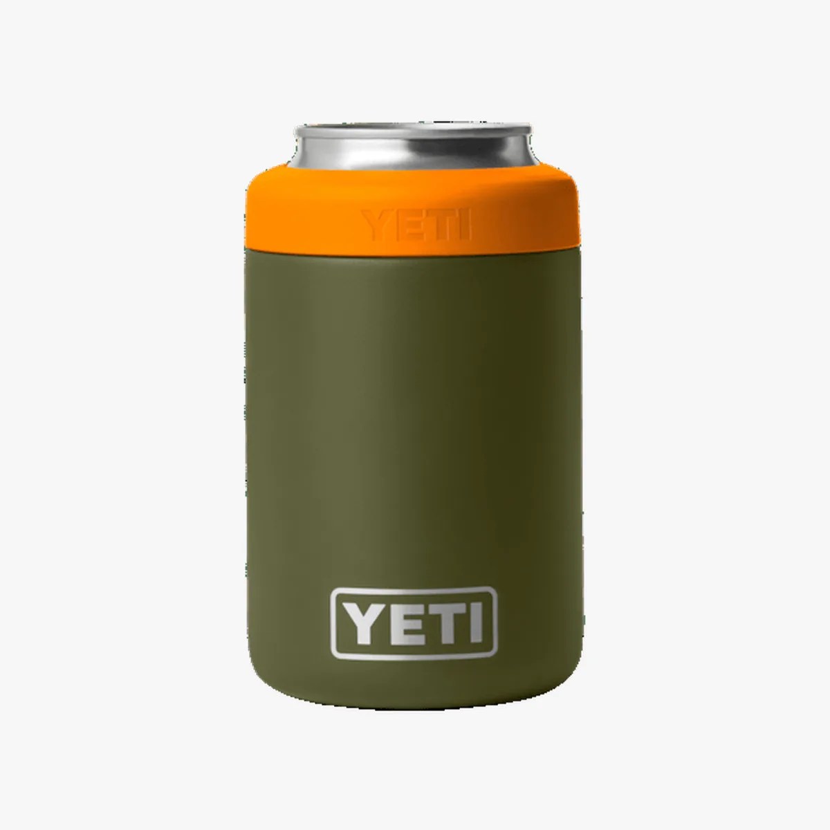 Olive green YETI can cooler with an orange top ring and silver can inside.