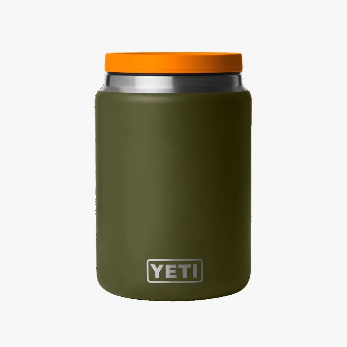 Olive green YETI insulated can cooler with an orange lid.