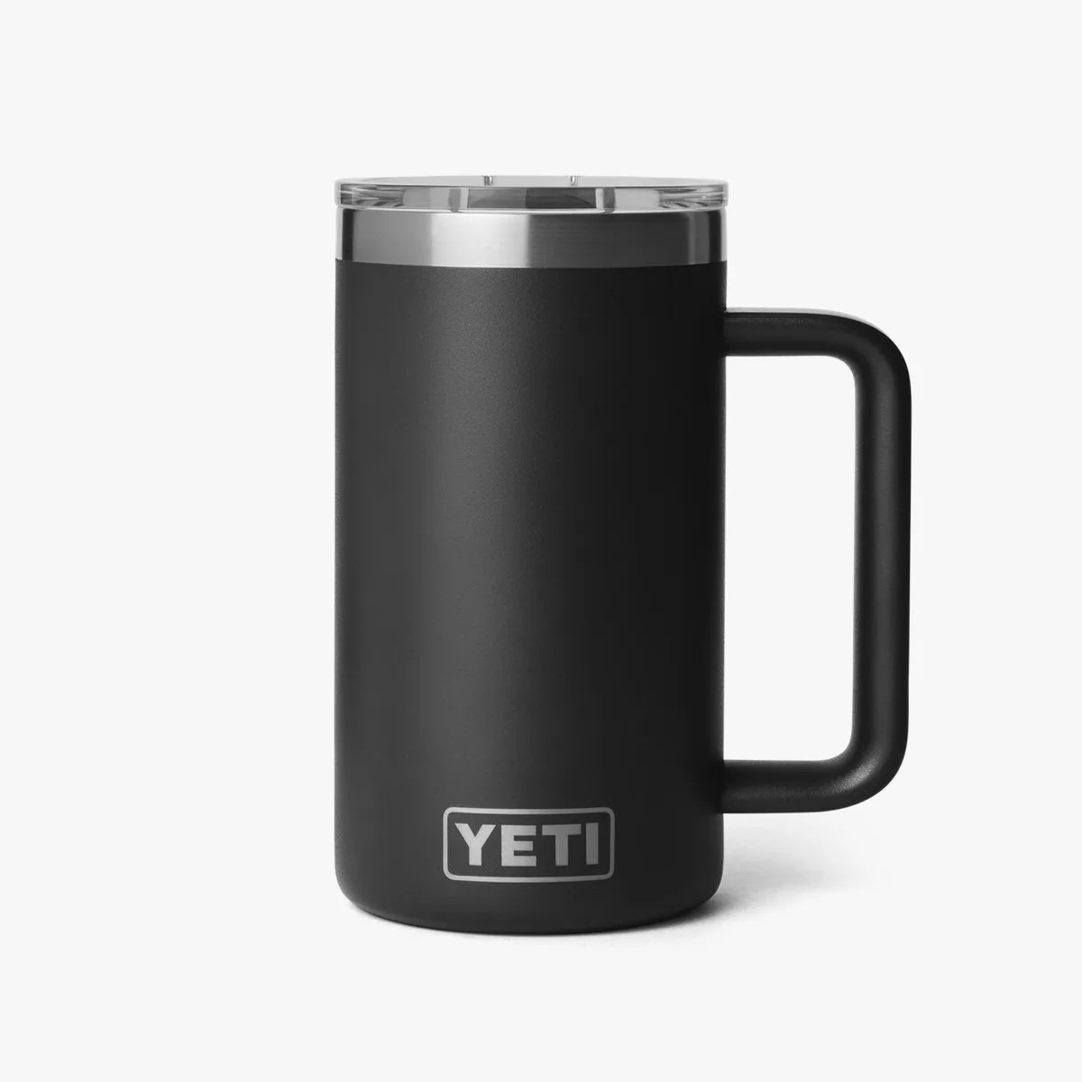 Matte black YETI insulated mug with a clear lid and a large handle.