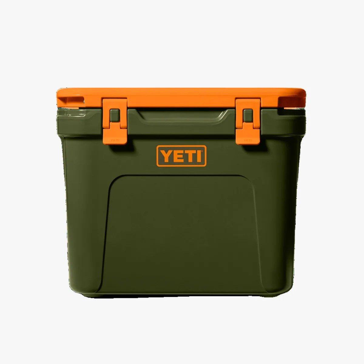 Olive green YETI cooler with bright orange lid and latches.