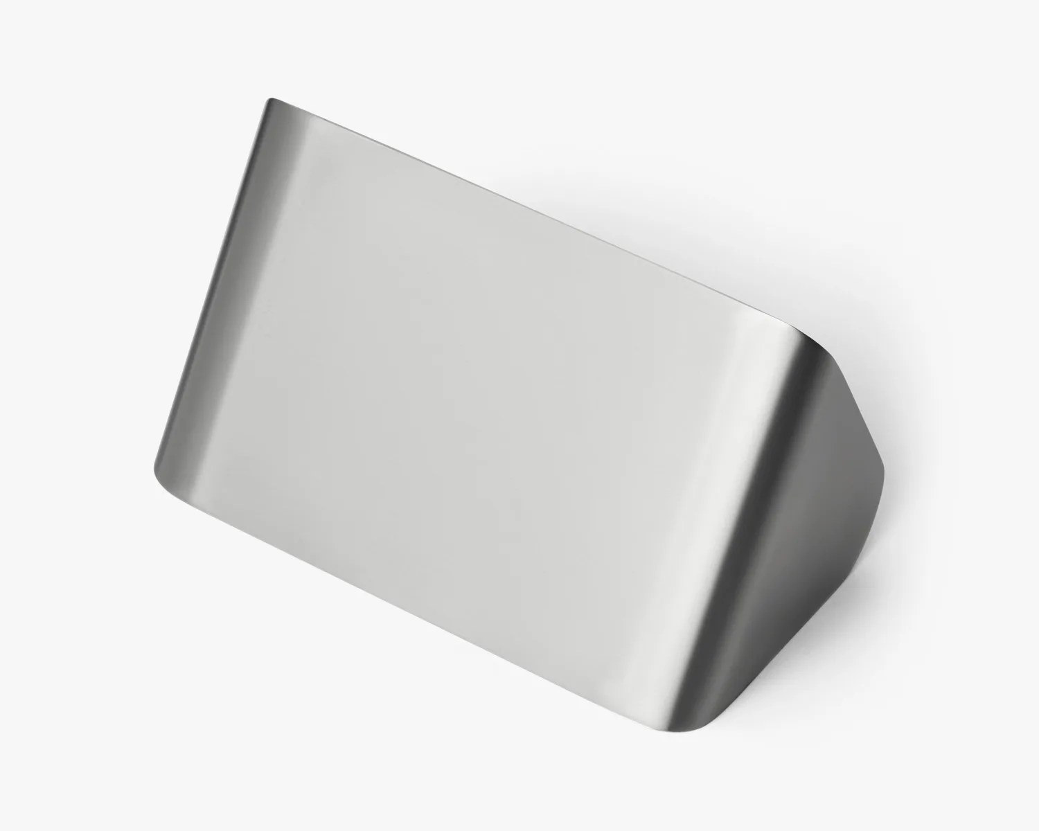 Rectangular stainless steel money clip with rounded edges on a white background.