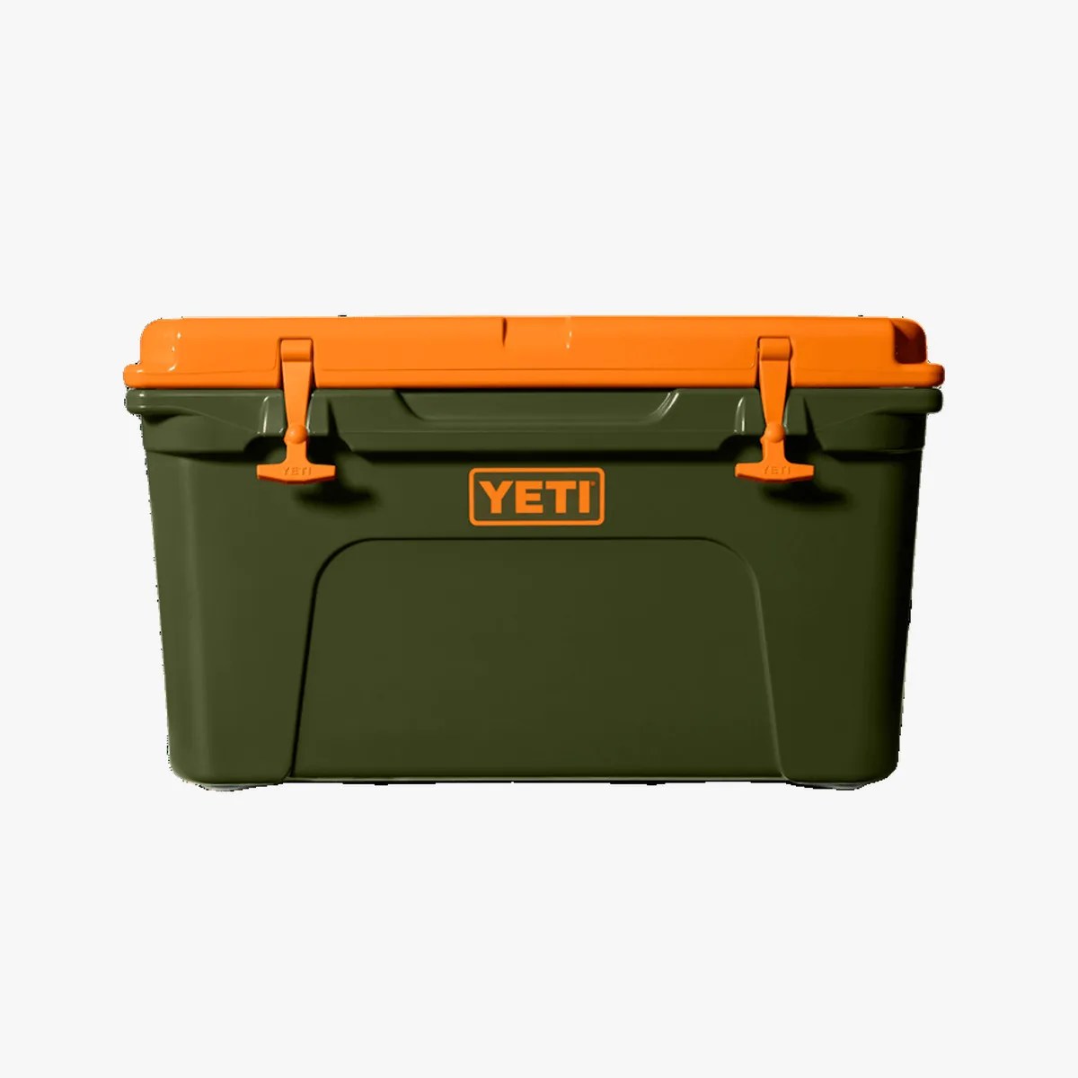 Olive green YETI cooler with bright orange lid and latches on a white background.