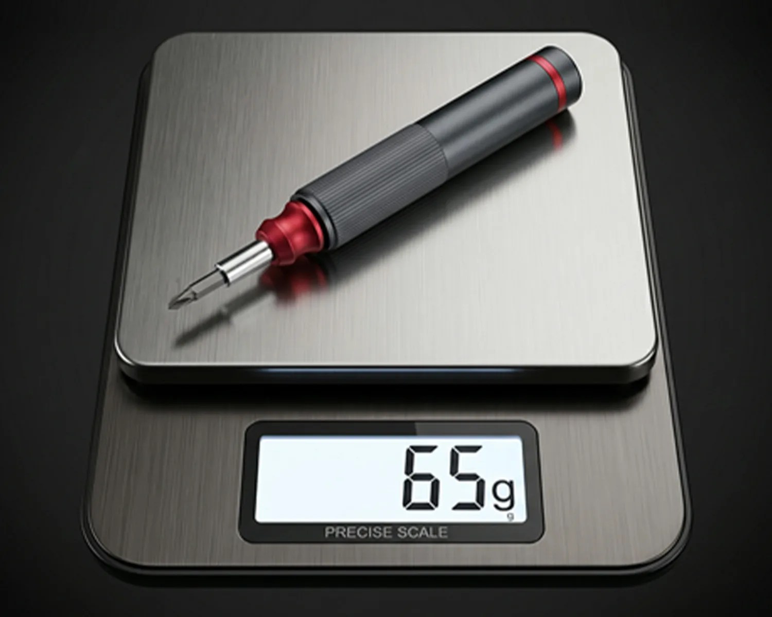 Digital kitchen scale showing 65 grams with a black and red screwdriver on the weighing platform.