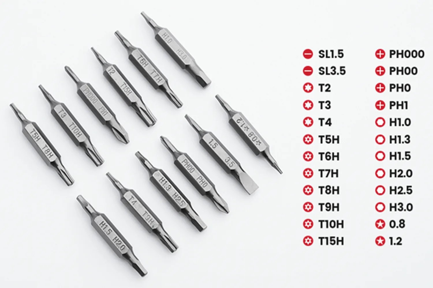 Set of various double-ended metal screwdriver bits with sizes and types labeled beside them.