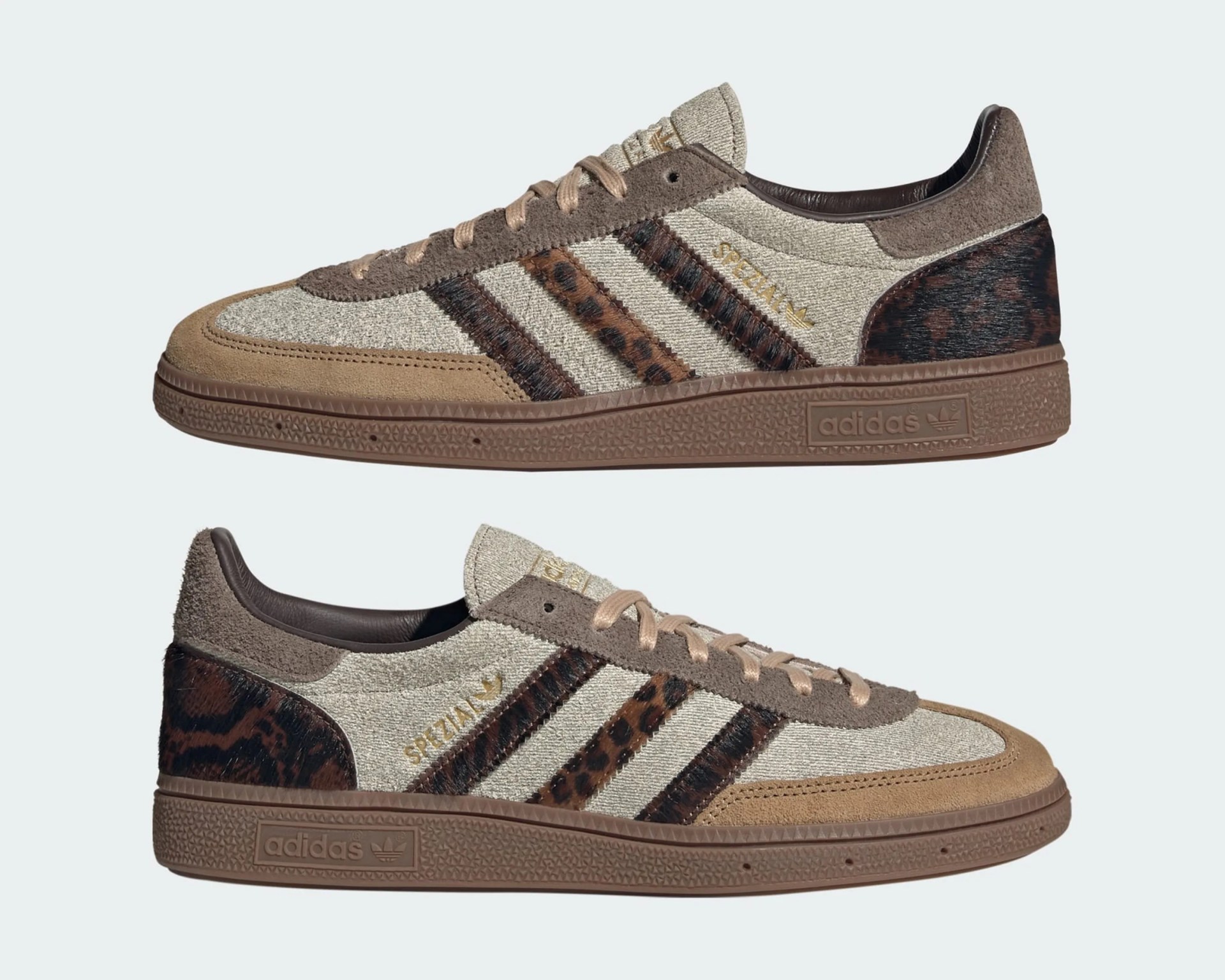Beige and brown Adidas Spezial sneakers with leopard print stripes and suede accents.