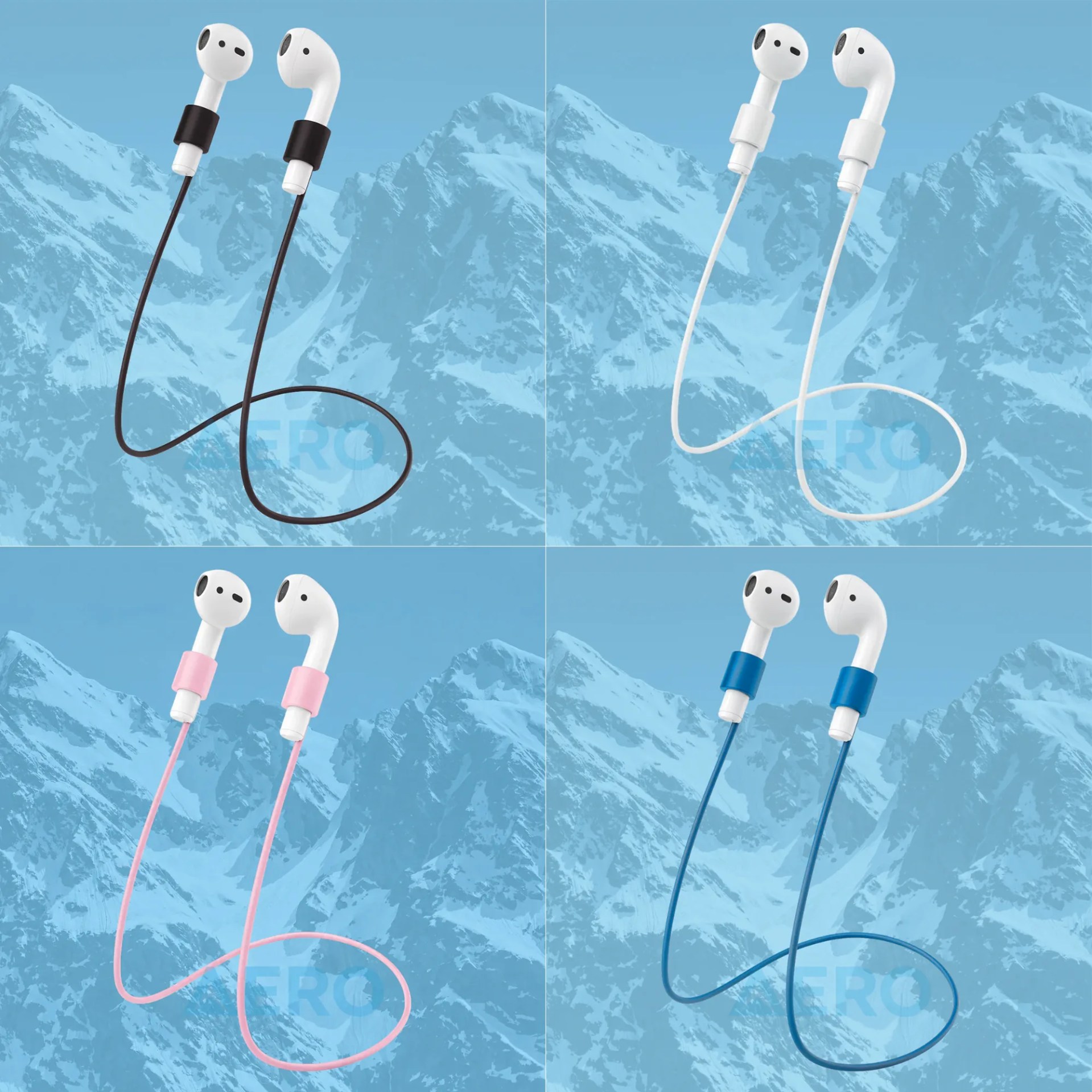 Four pairs of white wireless earbuds with colored neck straps in black, white, pink, and blue, set against a blue mountain background.