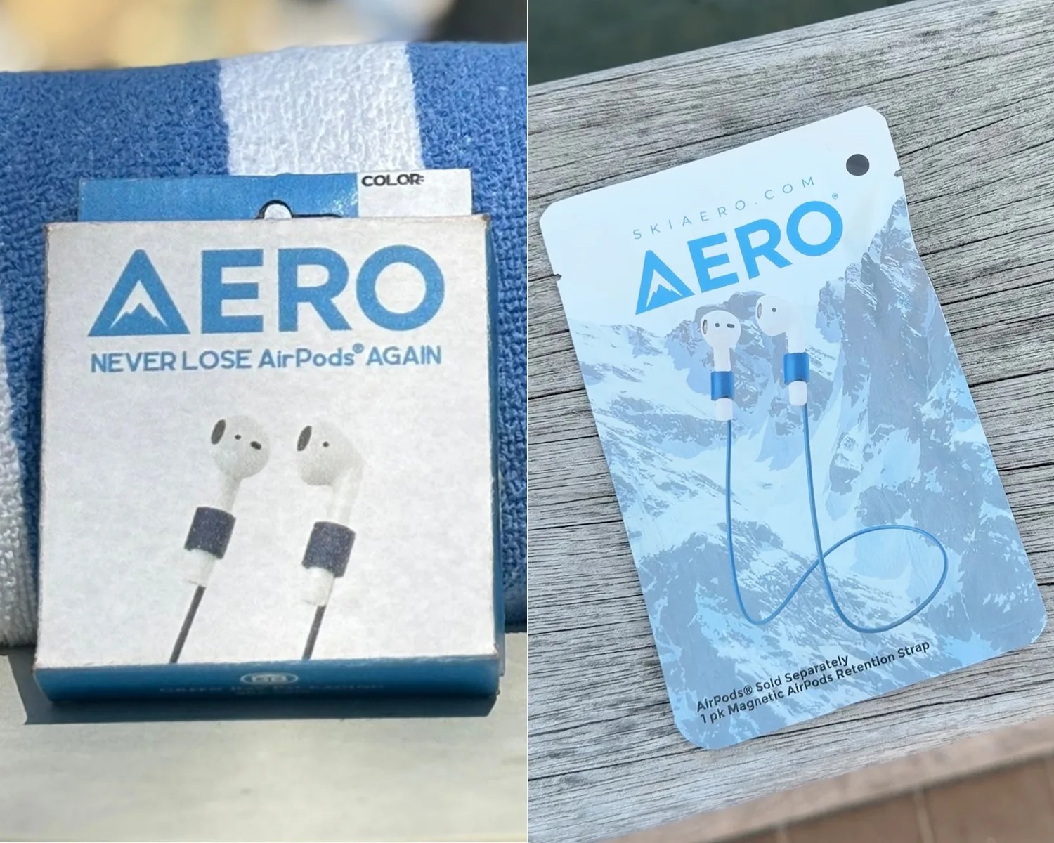 Two packages of Aero magnetic AirPods retention straps, one on a blue and white towel and the other on a wooden surface with mountain graphics.