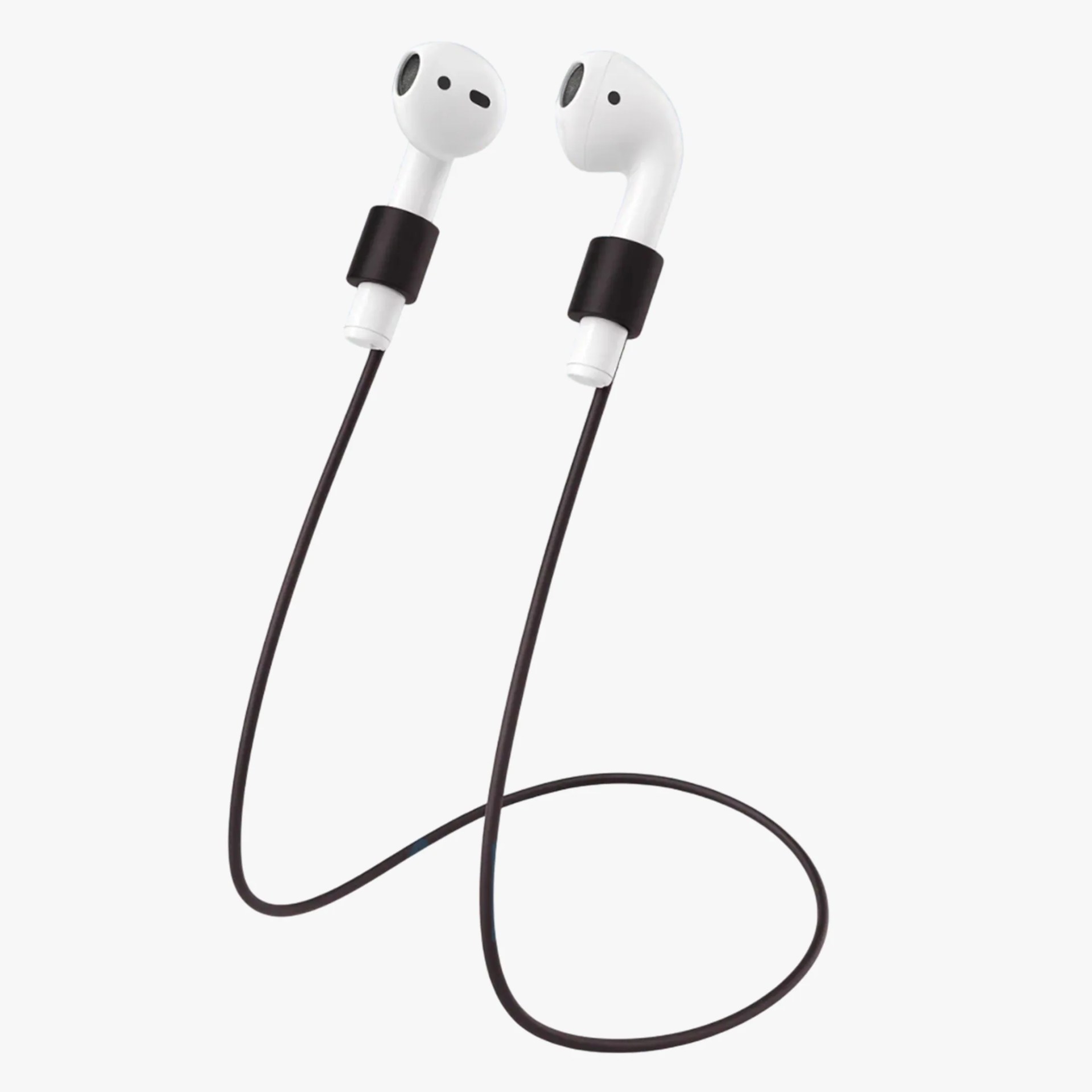 White wireless earbuds with black silicone cable holders and black cords on a white background.