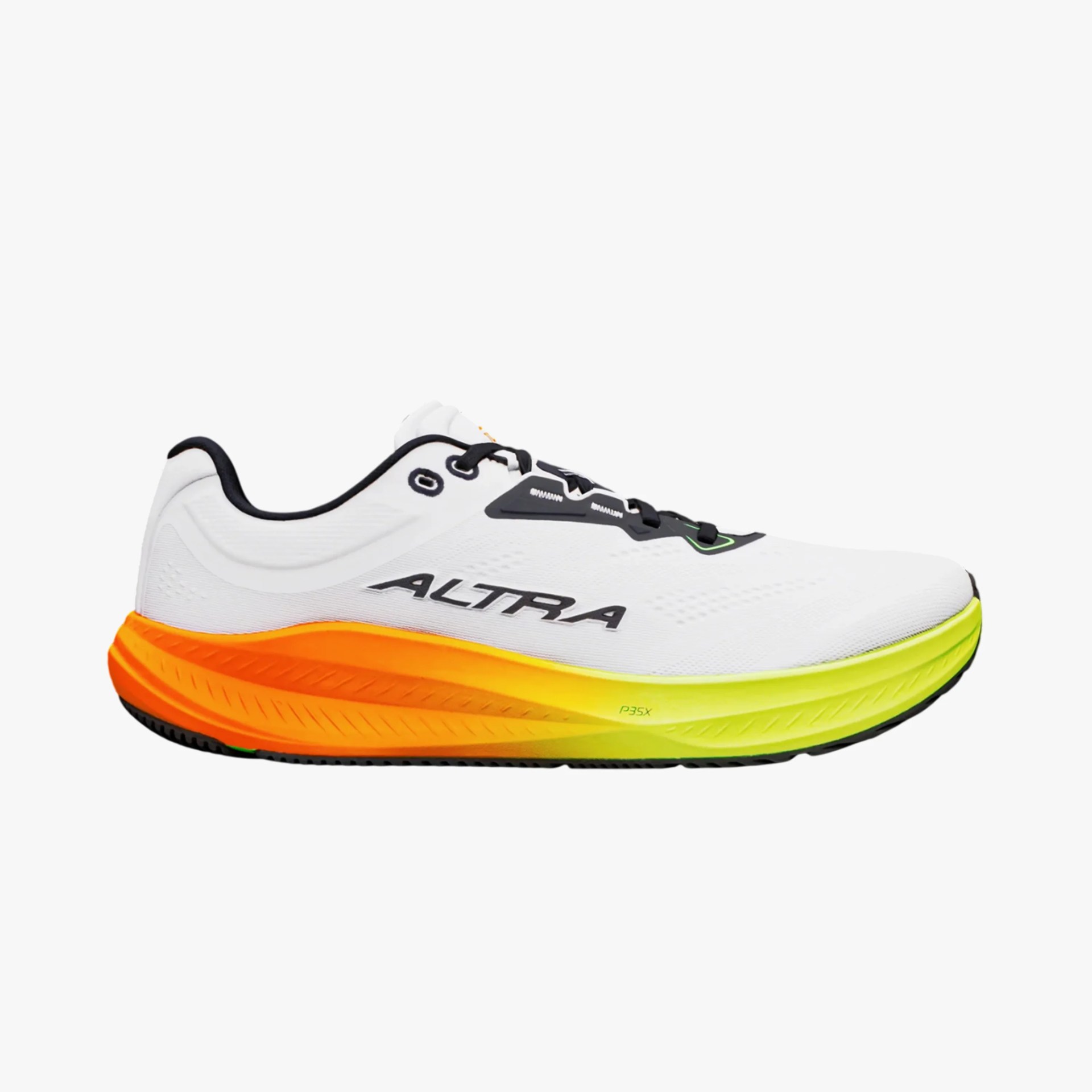 White Altra running shoe with black laces and logo, featuring an orange to yellow gradient sole.