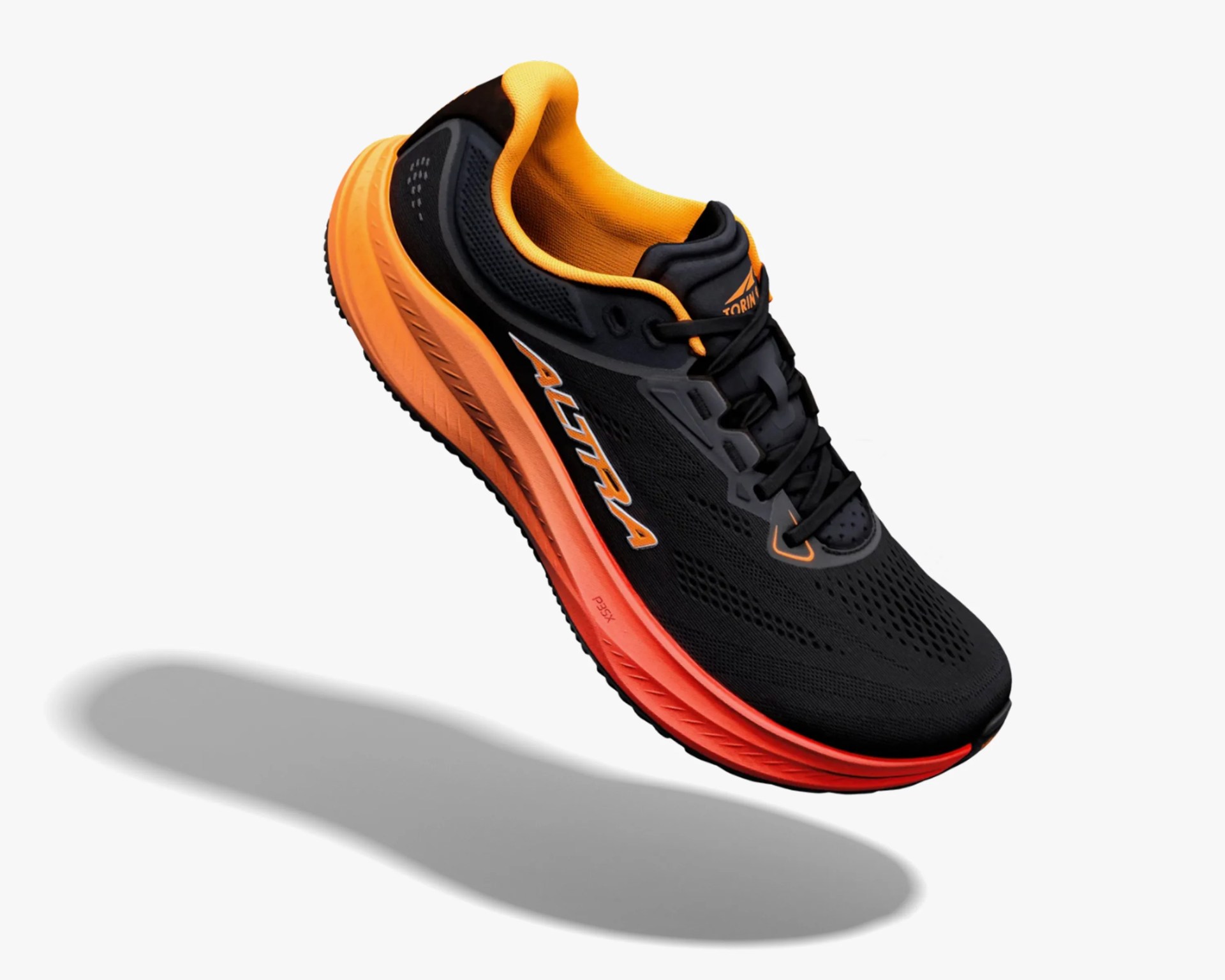 Black and orange Altra running shoe with mesh upper and cushioned sole.