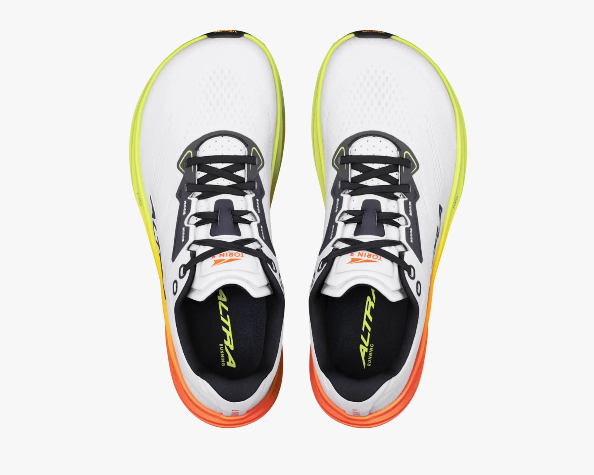 Pair of white running shoes with black laces, neon yellow midsoles, and orange outsoles viewed from above.