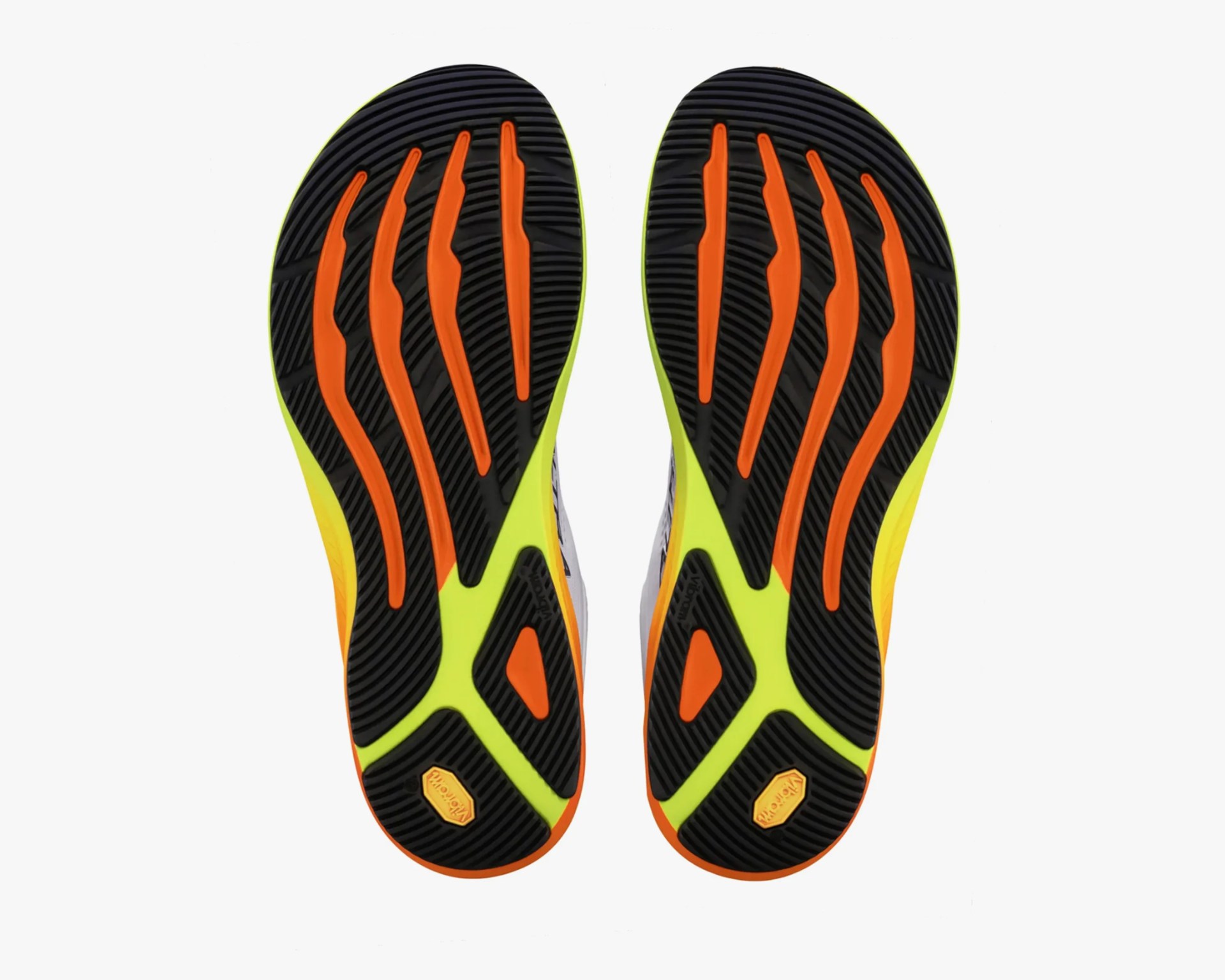 Black shoe soles with orange and neon yellow accents and textured grip pattern.