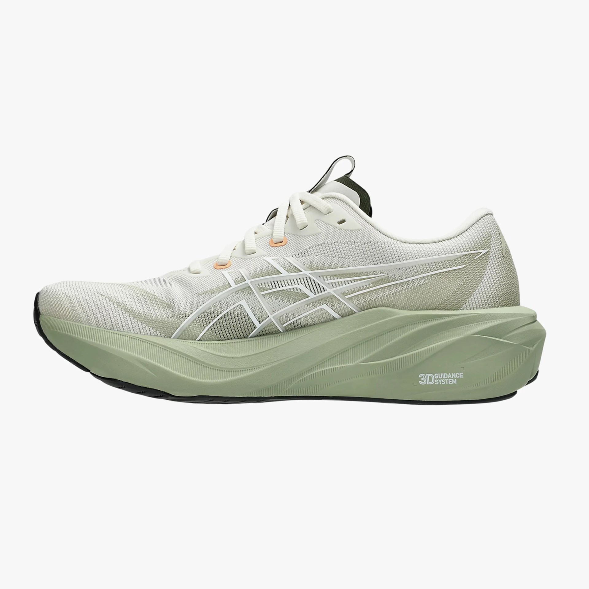 White and light green running shoe with mesh upper and thick sole labeled "3D Guidance System.