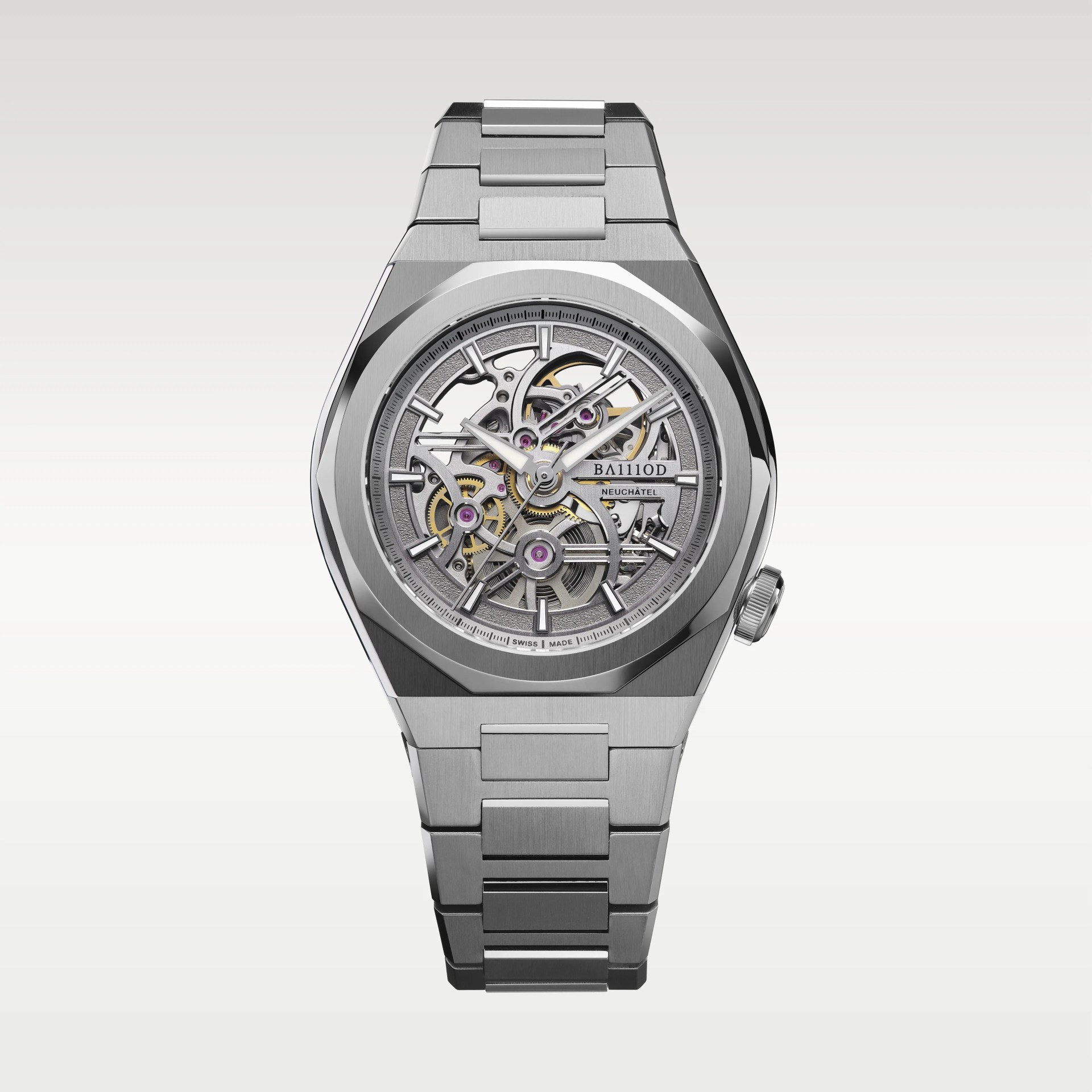 Skeleton dial silver stainless steel wristwatch with visible gears and metal link bracelet.