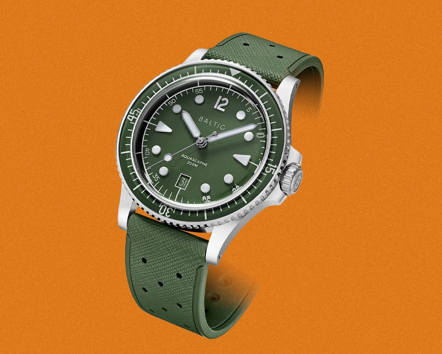 Green Baltic Aquascaphe dive watch with silver case and textured green strap on orange background.