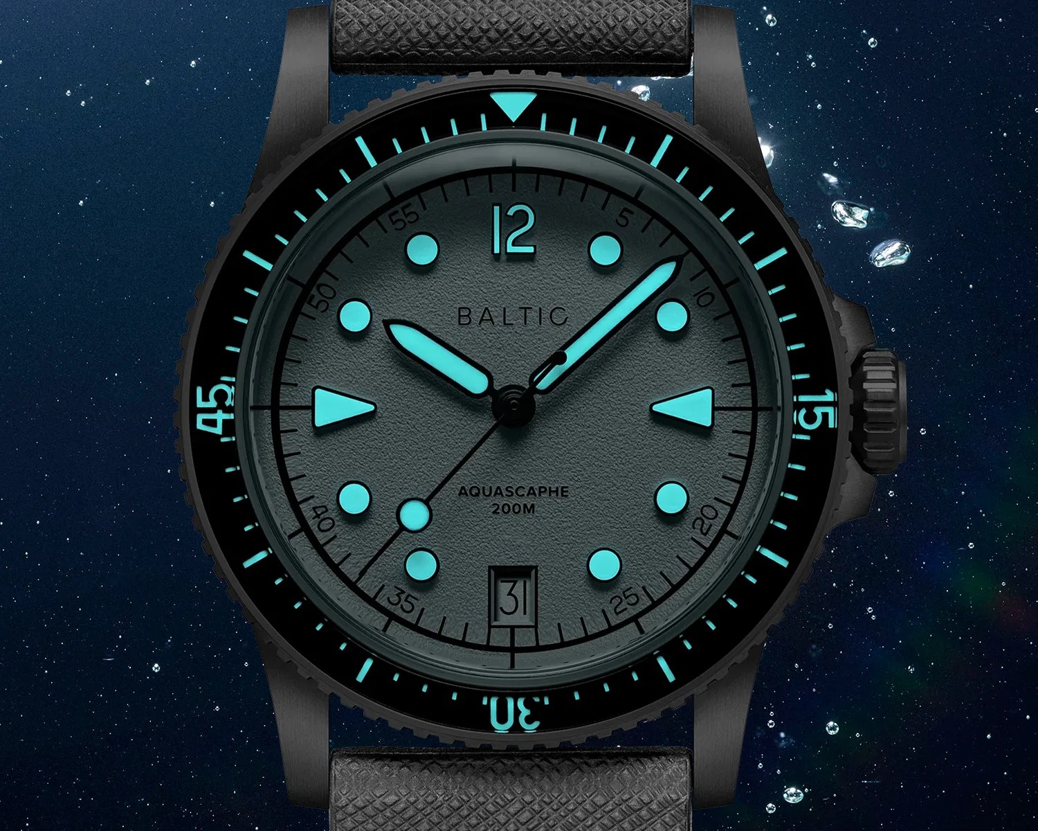 Black Baltic Aquascaphe 200M dive watch with glowing blue hands and markers on a textured dial and black strap.