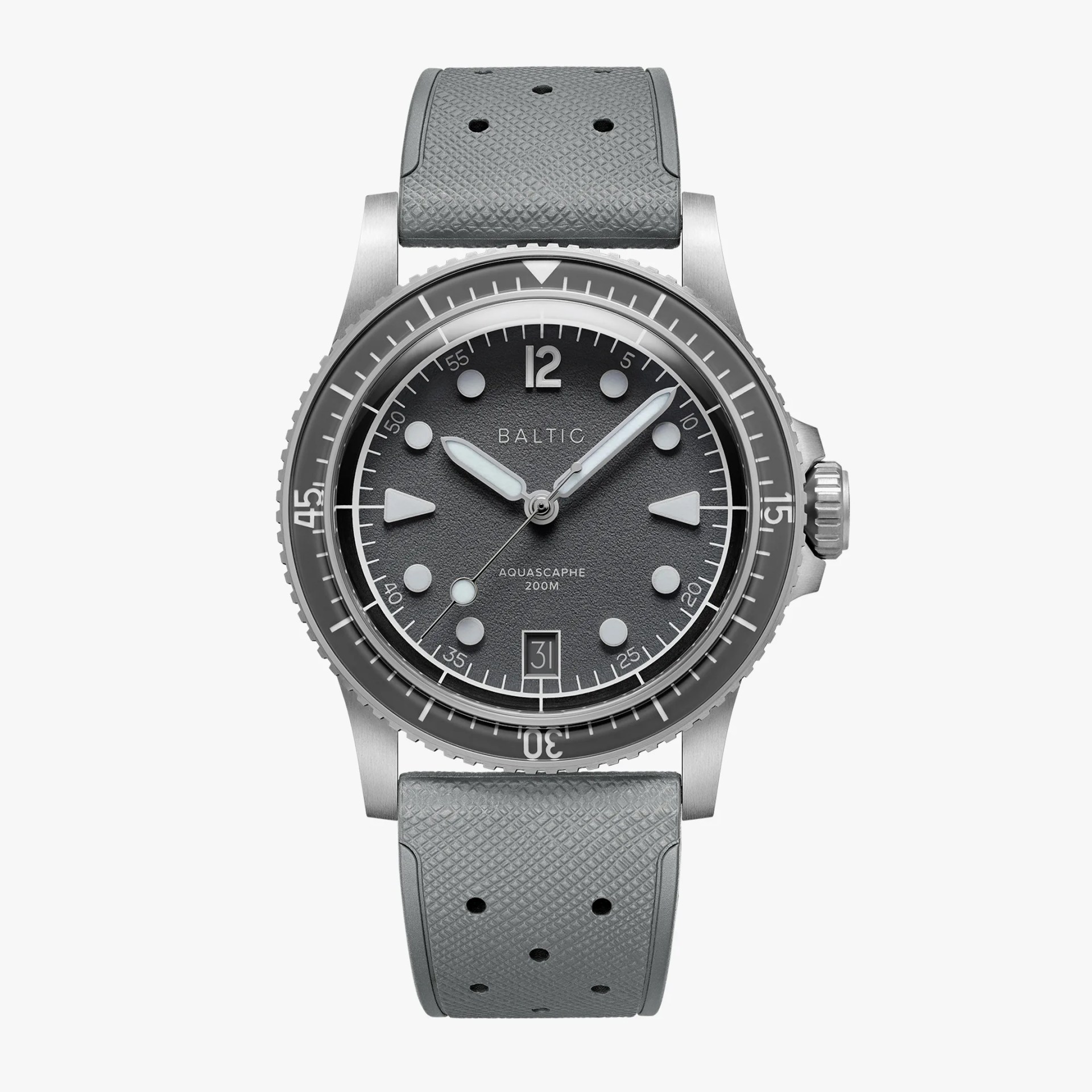 Stainless steel Baltic Aquascaphe watch with black dial, luminous hands, date window, and textured gray rubber strap.