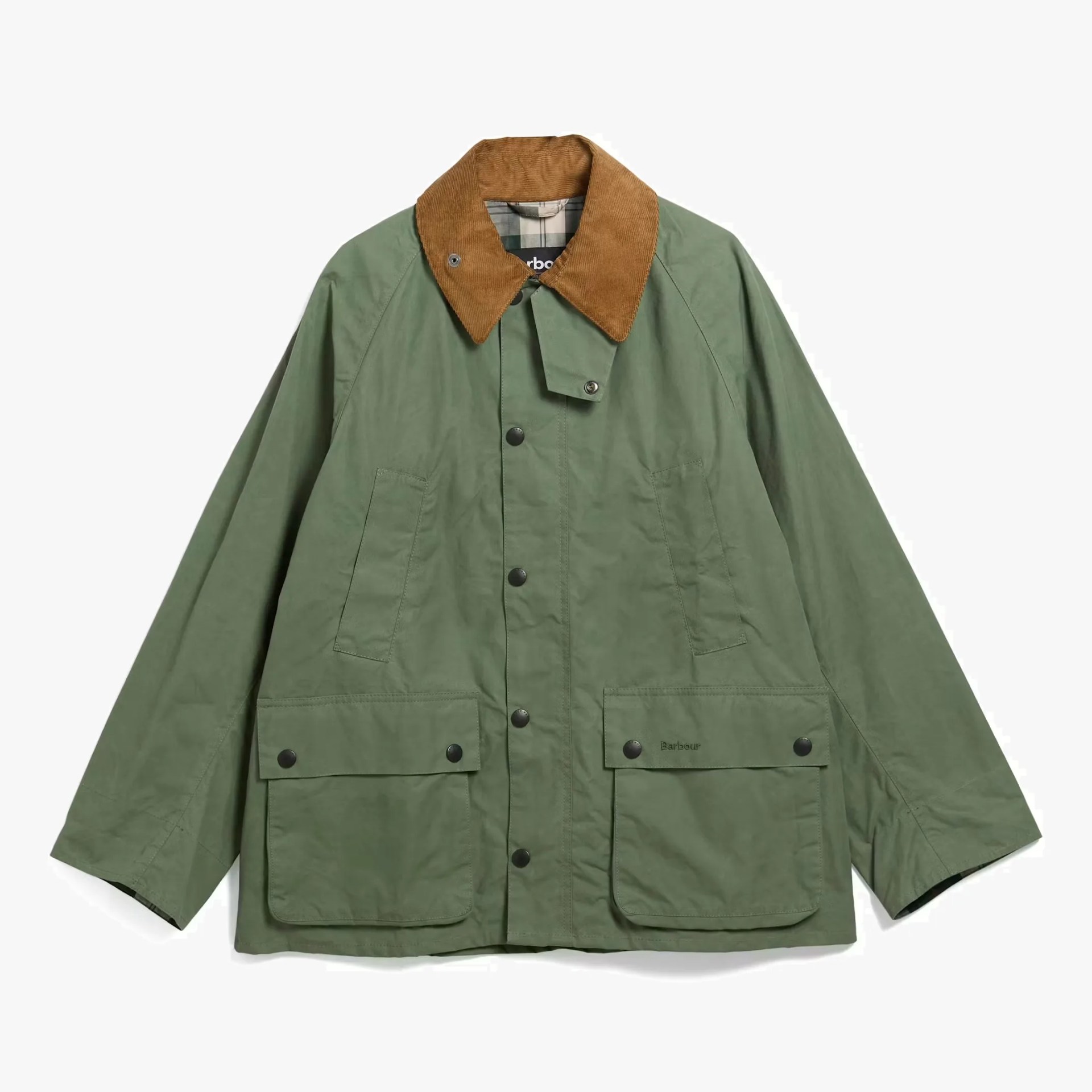 Olive green Barbour jacket with brown corduroy collar and multiple front pockets.