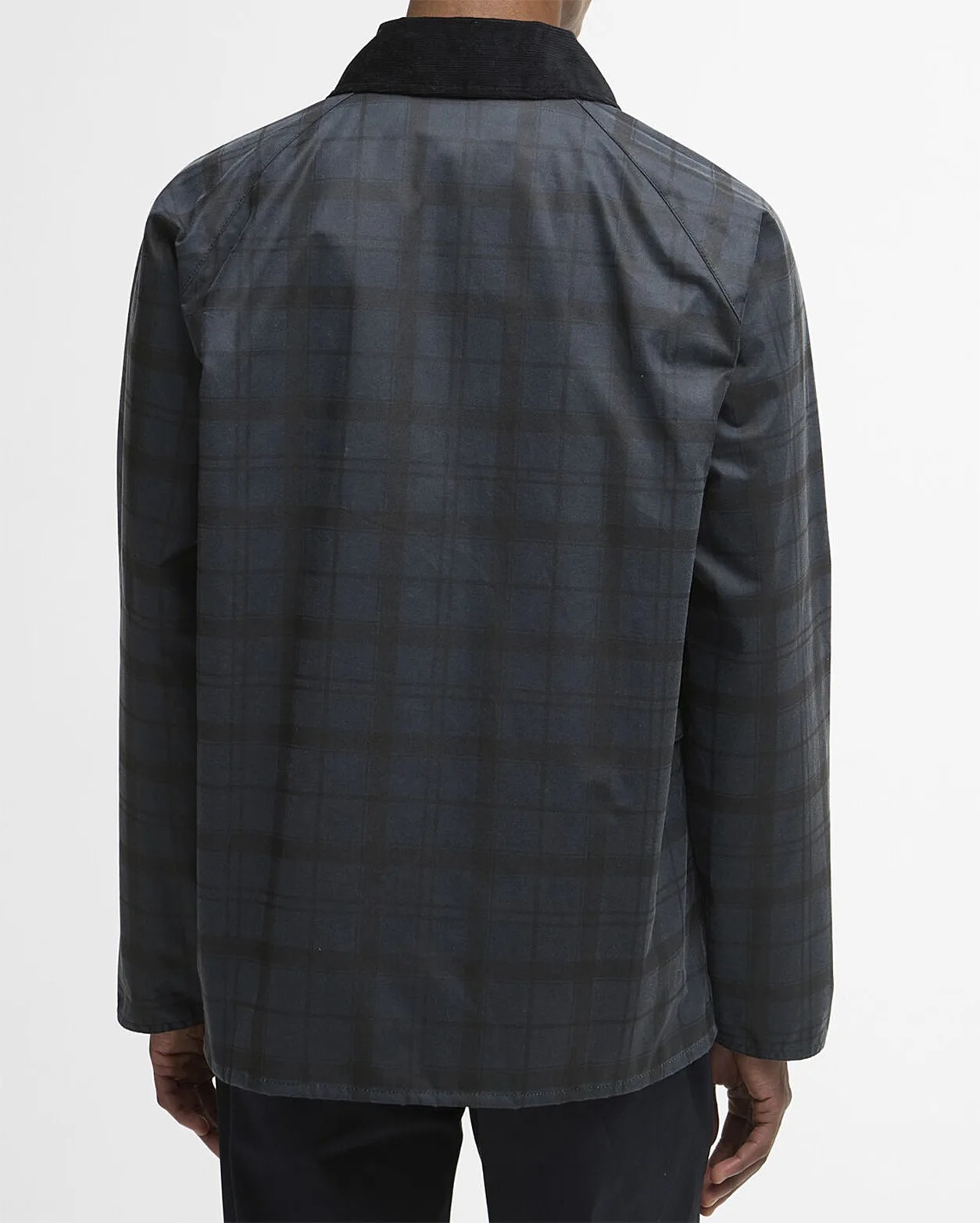Back view of a person wearing a dark gray and black checkered jacket with a black collar.