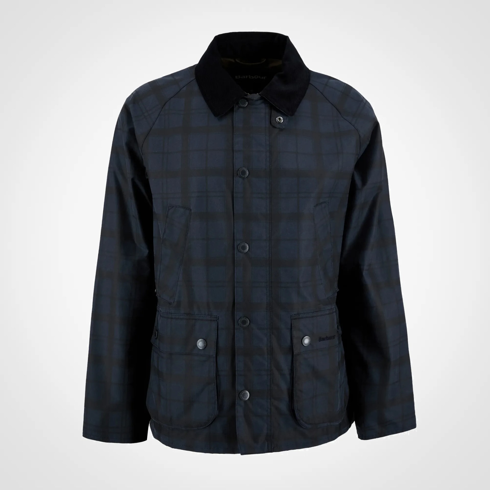 Navy blue plaid jacket with black corduroy collar and front button pockets.