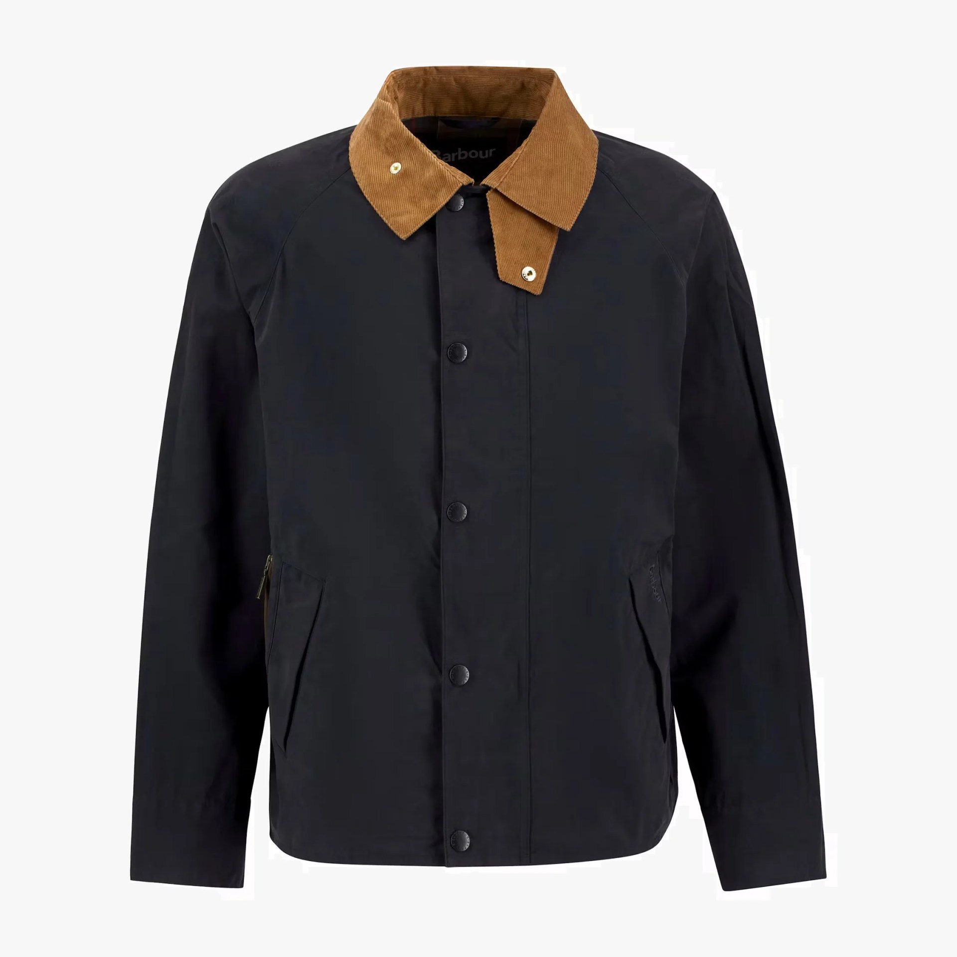 Black jacket with brown corduroy collar and snap button closure on a white background.