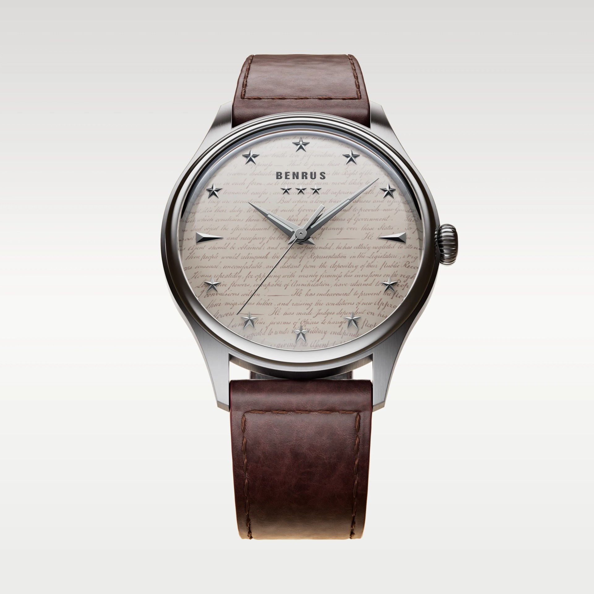 Stainless steel Benrus wristwatch with star hour markers, script dial, and brown leather strap.
