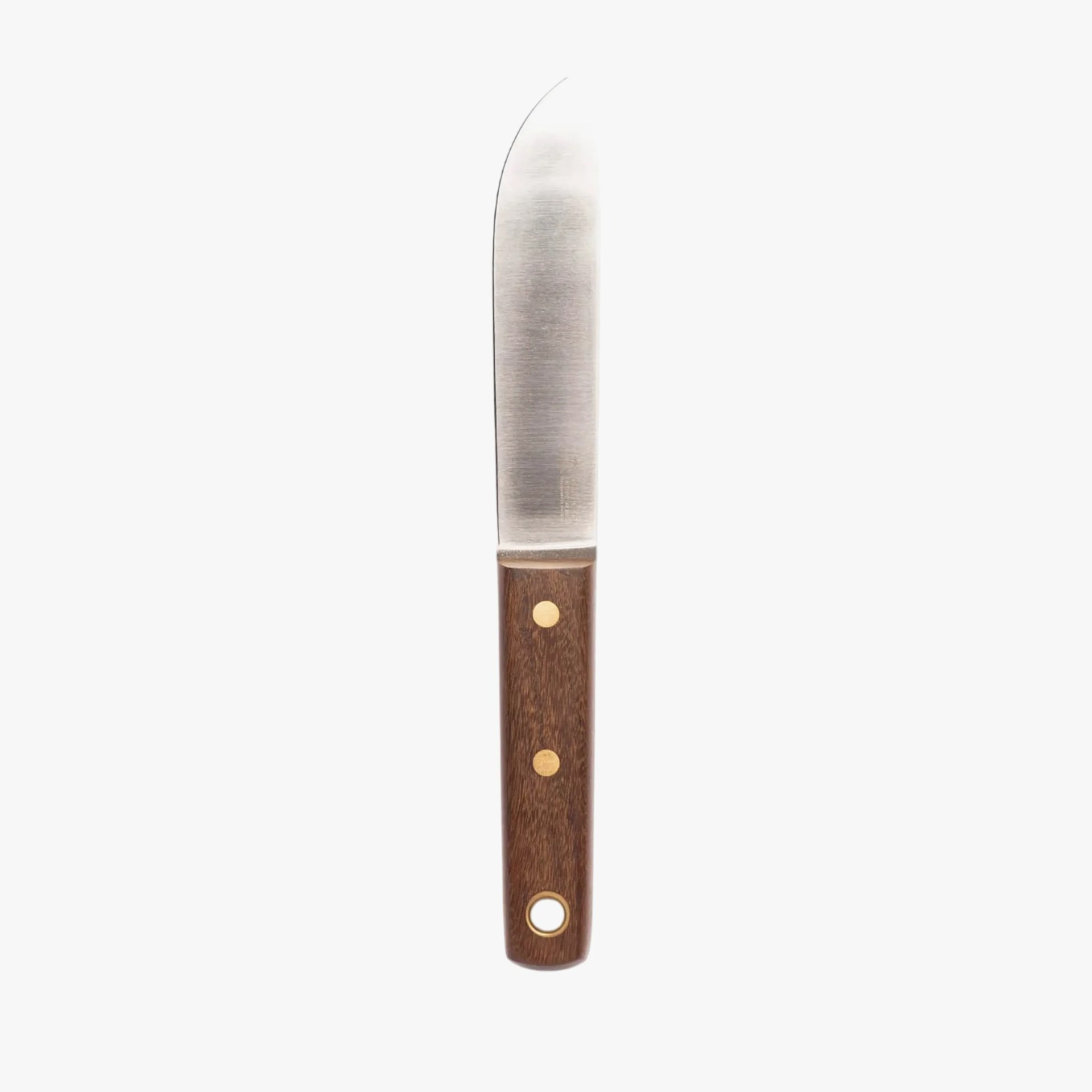 Knife with a rounded stainless steel blade and a wooden handle with brass rivets and a hanging hole.