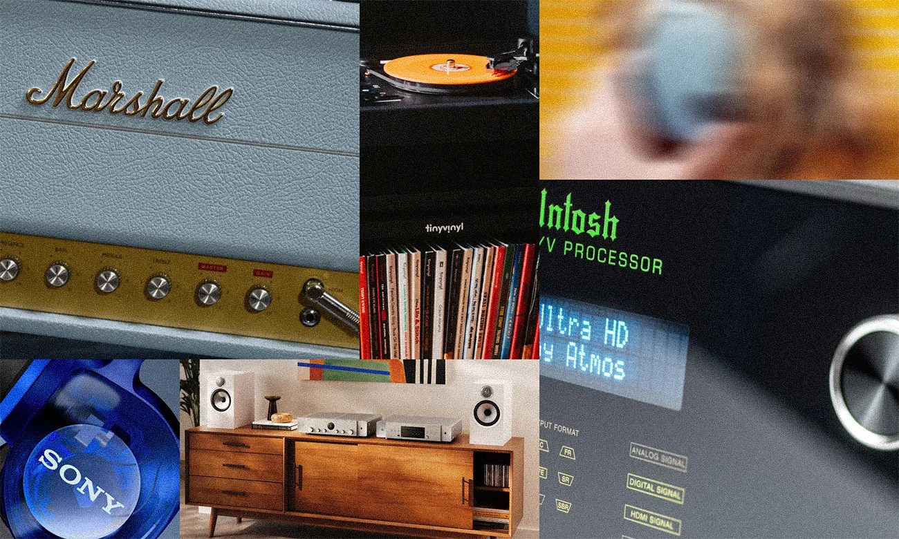 Collage of audio equipment including a Marshall amplifier, a turntable with vinyl records, a McIntosh AV processor, Sony headphones, and a wooden media console with speakers.