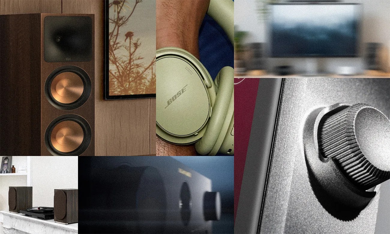 Collage of audio equipment including a wooden floor-standing speaker with copper cones, olive green Bose headphones on a wrist, a blurred computer monitor with speakers, small bookshelf speakers on a white mantel, a close-up of a black audio receiver knob, and a dark audio amplifier.