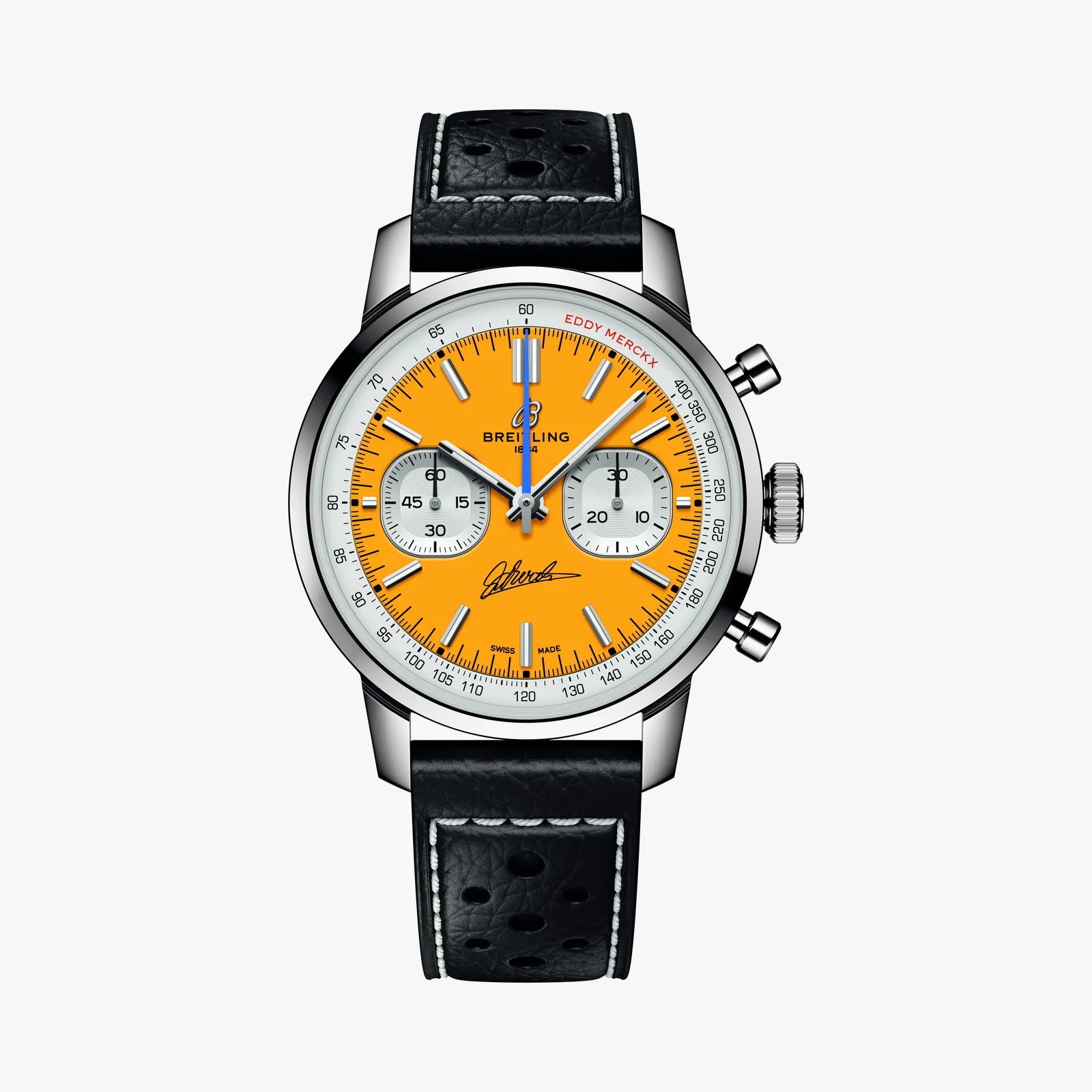 Breitling chronograph watch with bright yellow dial, black perforated leather strap, and silver case.