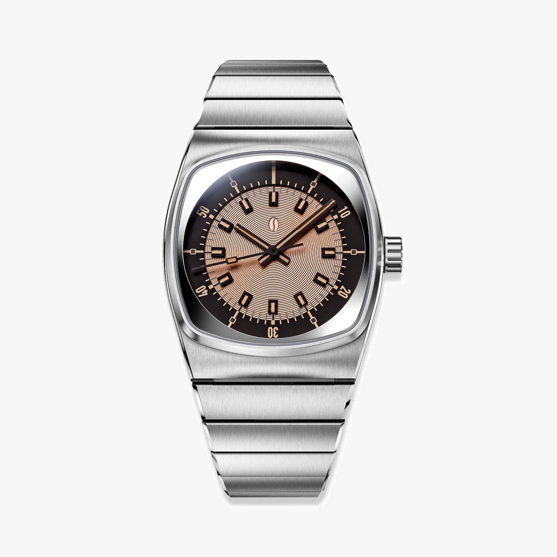 Stainless steel wristwatch with a square case, rose gold concentric dial, black outer ring, and matching metal bracelet.