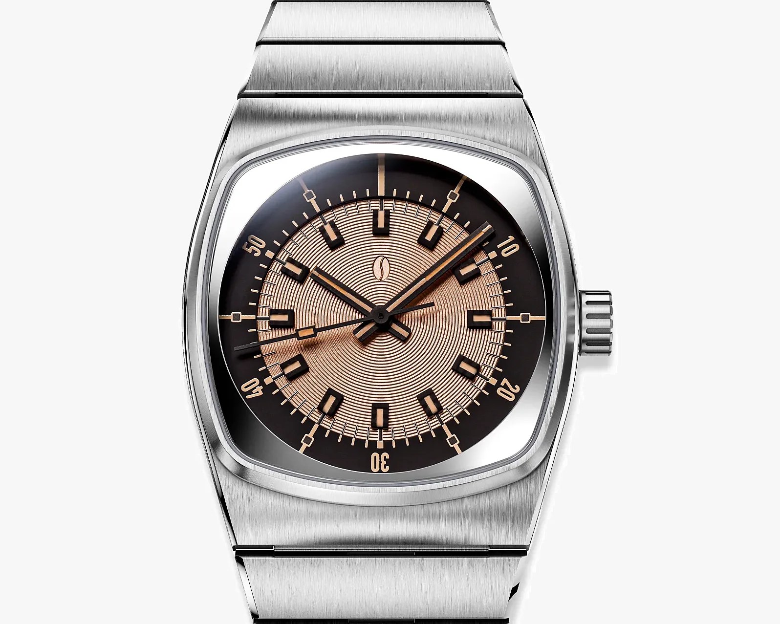 Silver metal wristwatch with a square case and concentric circle patterned rose gold and black dial.