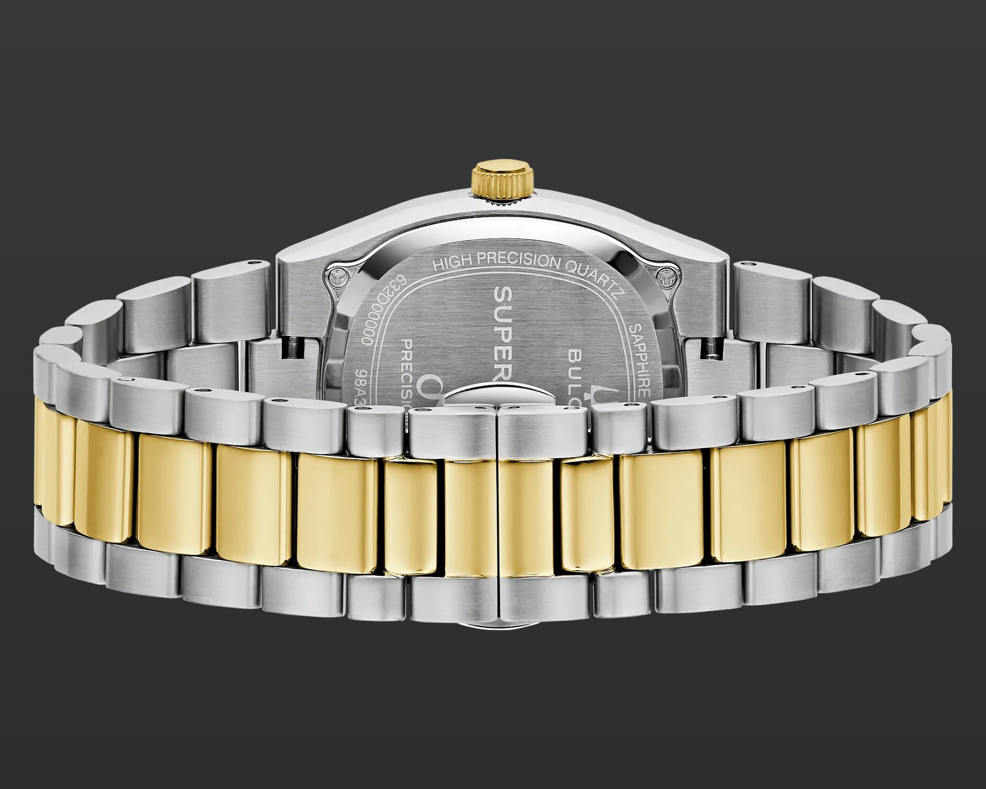 Two-tone metal watch band with silver outer links and gold center links, shown from the back with a gold crown.