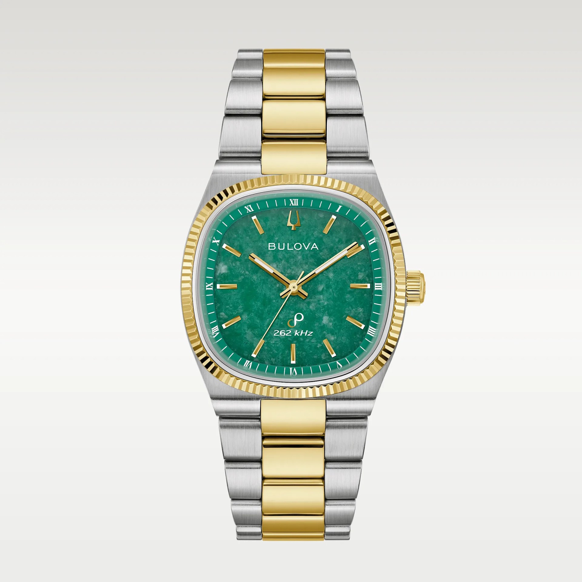 Two-tone silver and gold metal wristwatch with a green textured dial and gold hour markers and hands.