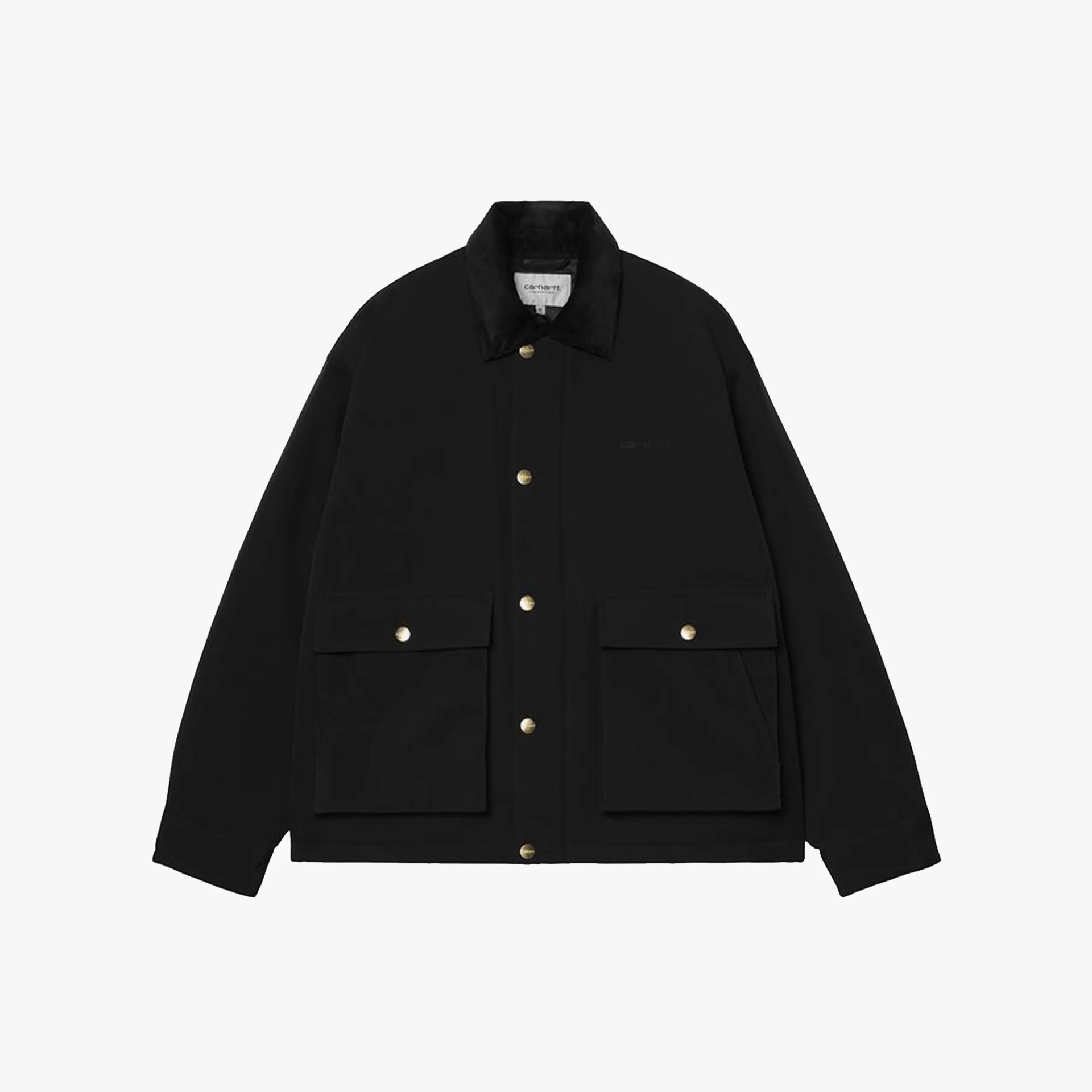 Black jacket with a corduroy collar, gold snap buttons, and two front flap pockets.