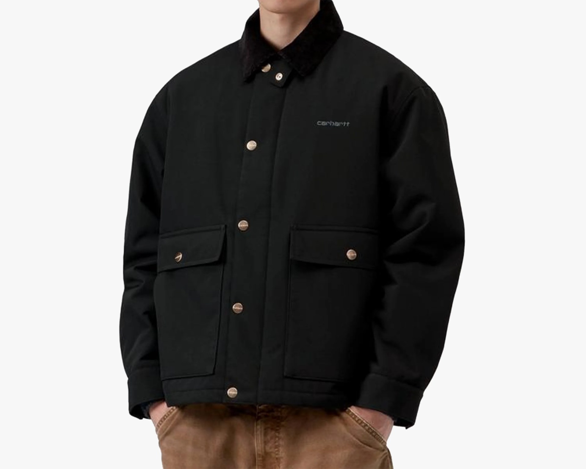 Black Carhartt jacket with button front and two flap pockets worn by a person.