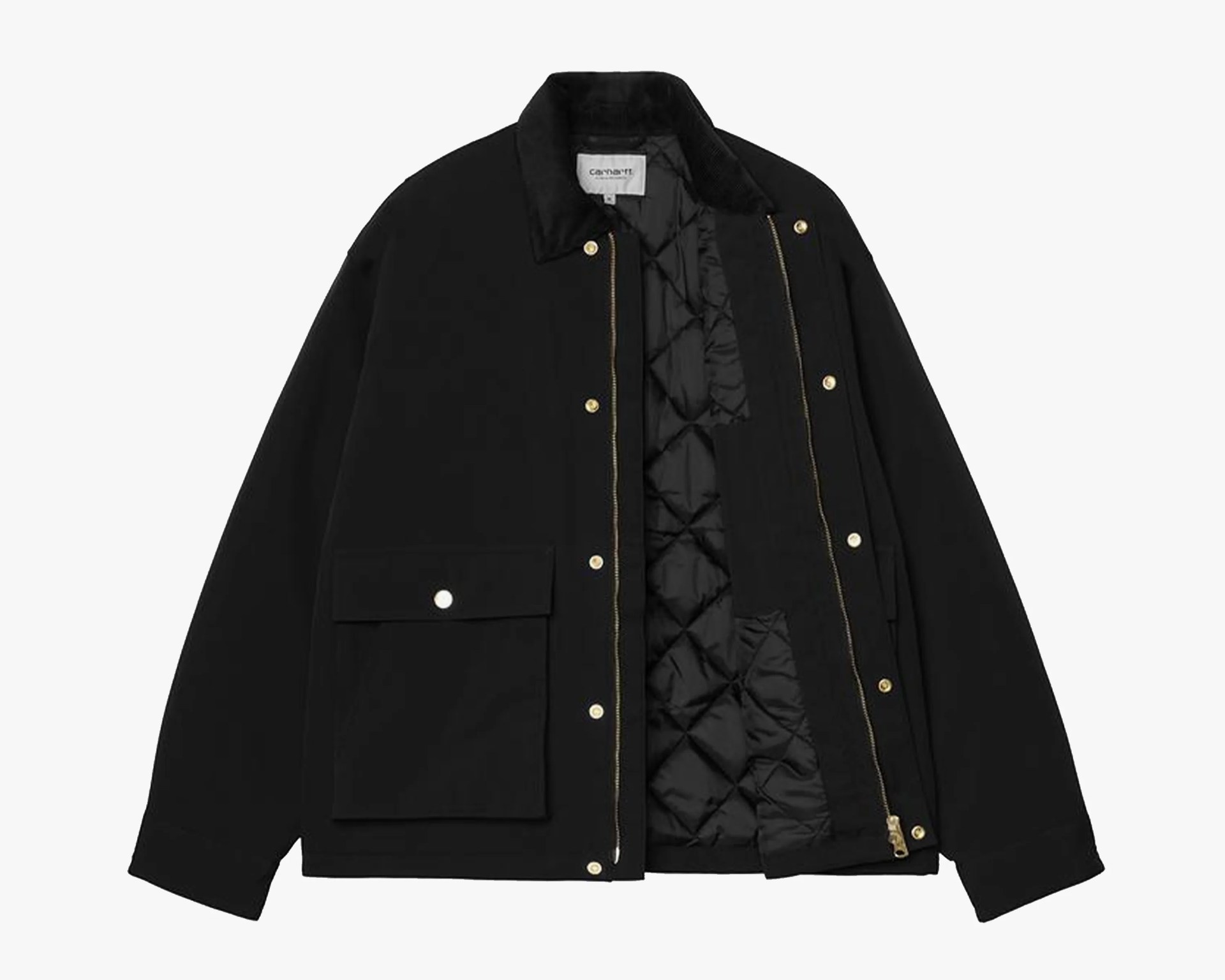 Black Carhartt jacket with quilted lining, gold snap buttons, and front flap pockets.